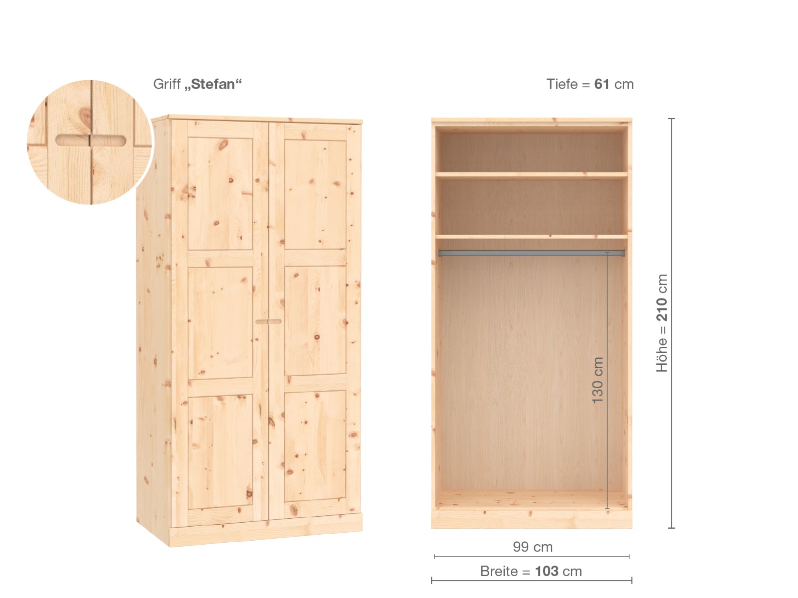 Zirbenschrank „Enzian“, 2-türig, Höhe 210 cm, Griffausführung „Stefan“, Inneneinrichtung A