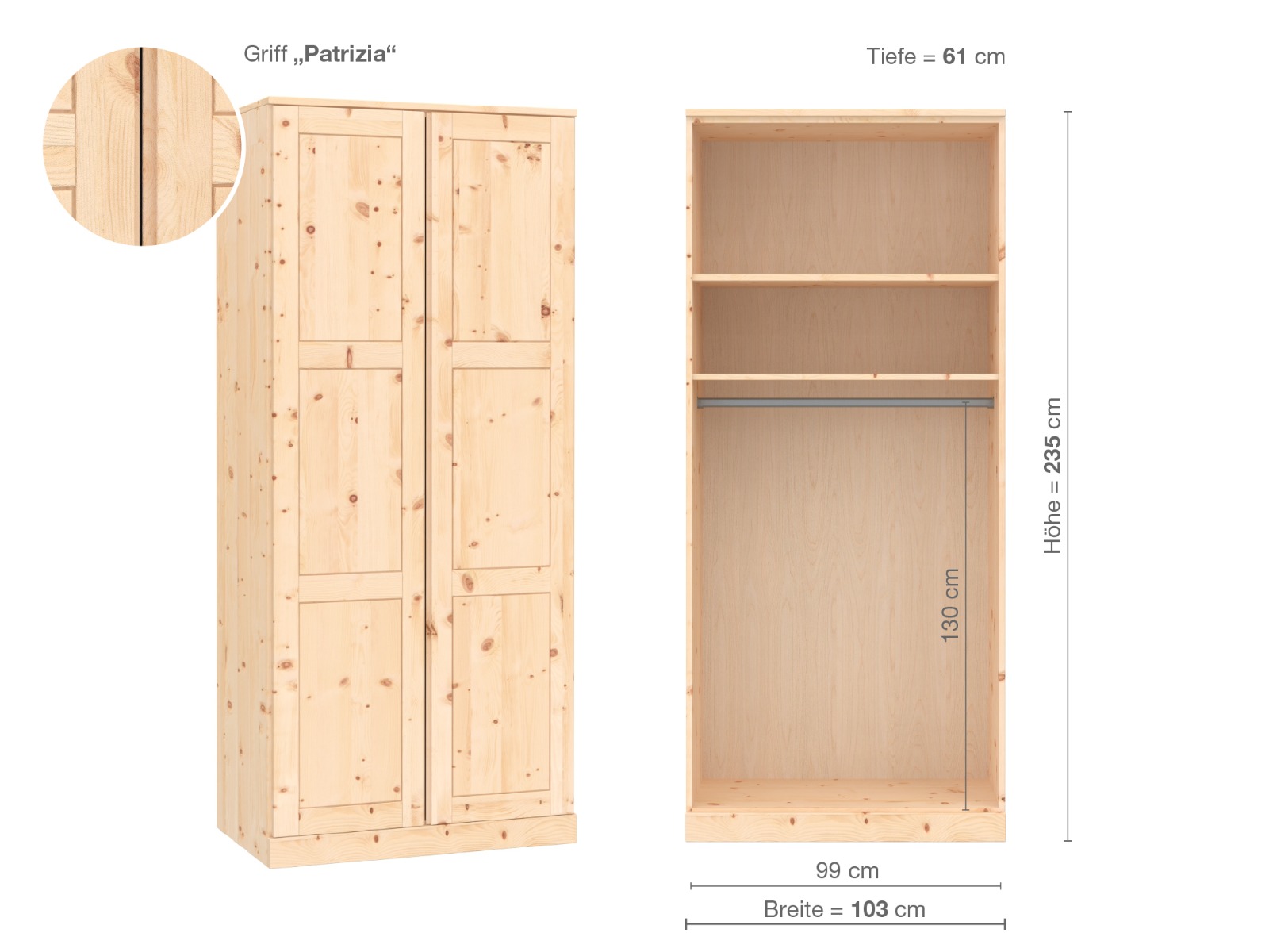 Zirbenschrank „Enzian“, 2-türig, Höhe 235 cm, Griffausführung „Patrizia“, Inneneinrichtung A