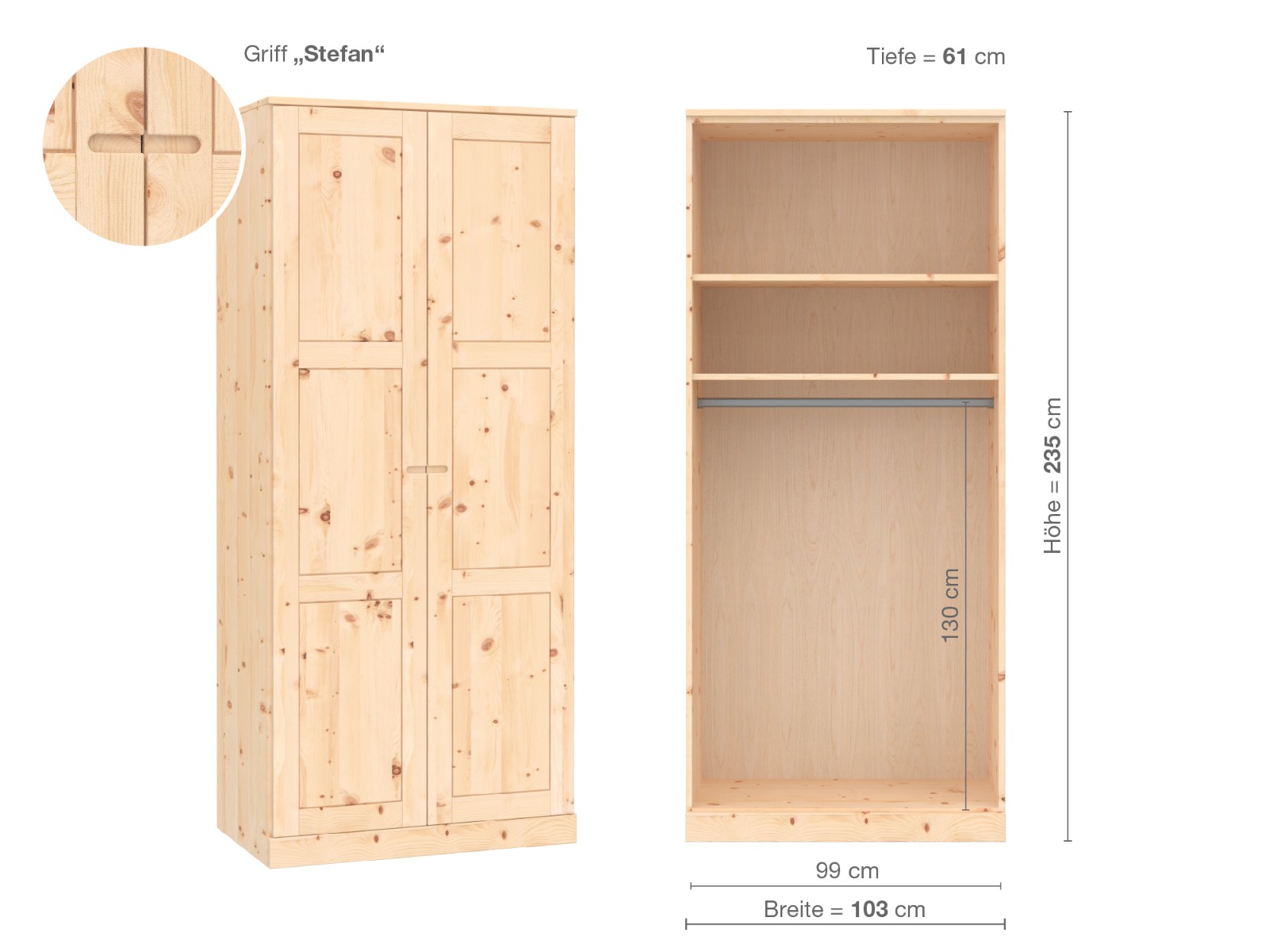 Zirbenschrank „Enzian“, 2-türig, Höhe 235 cm, Griffausführung „Stefan“, Inneneinrichtung A