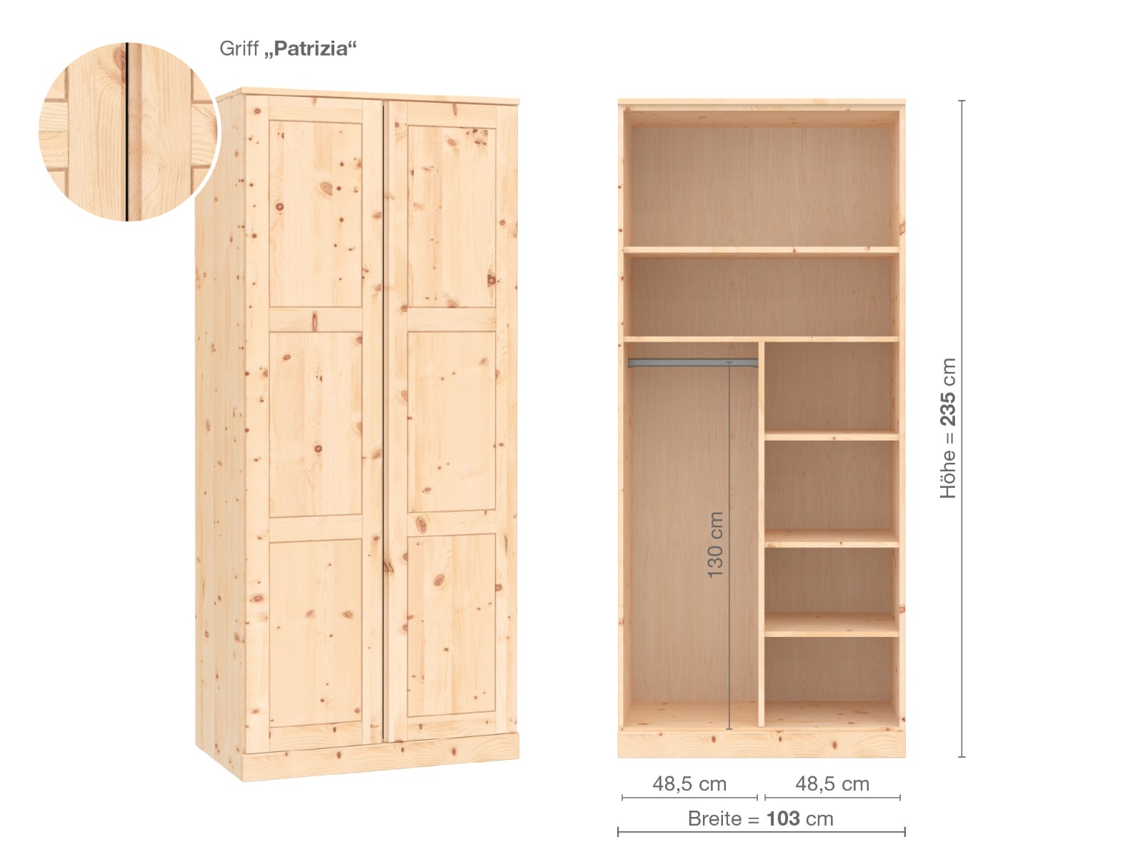 Zirbenschrank „Enzian“, 2-türig, Höhe 235 cm, Griffausführung „Patrizia“, Inneneinrichtung B