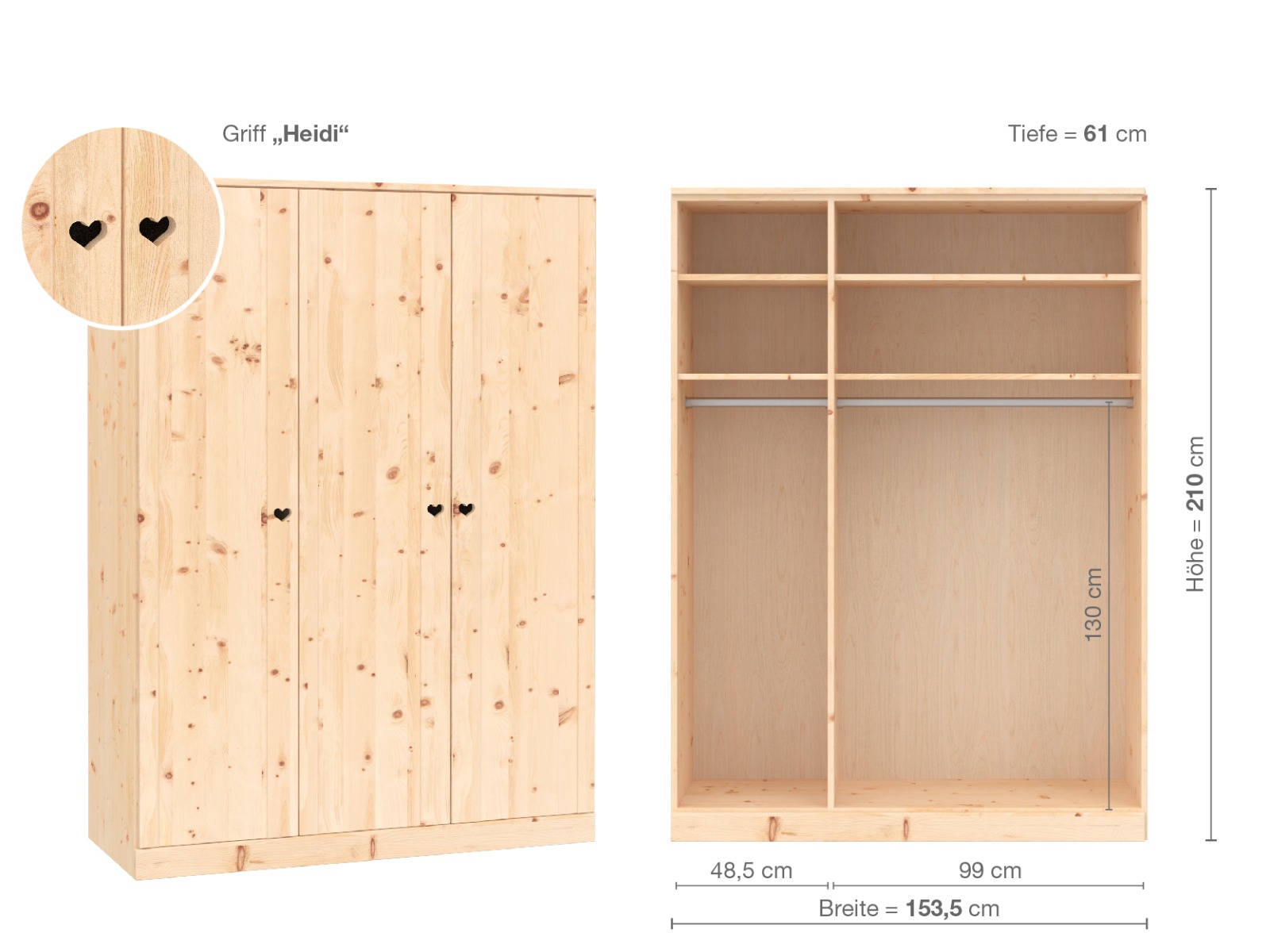 Zirbenschrank „Arnika“, 3-türig, Höhe 210 cm, Griffausführung „Heidi“, Inneneinrichtung A