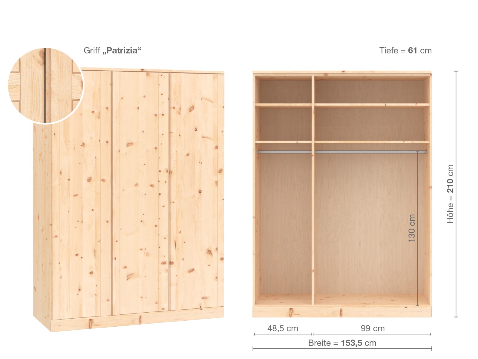 Zirbenschrank „Arnika“, 3-türig, Höhe 210 cm, Griffausführung „Patrizia“, Inneneinrichtung A