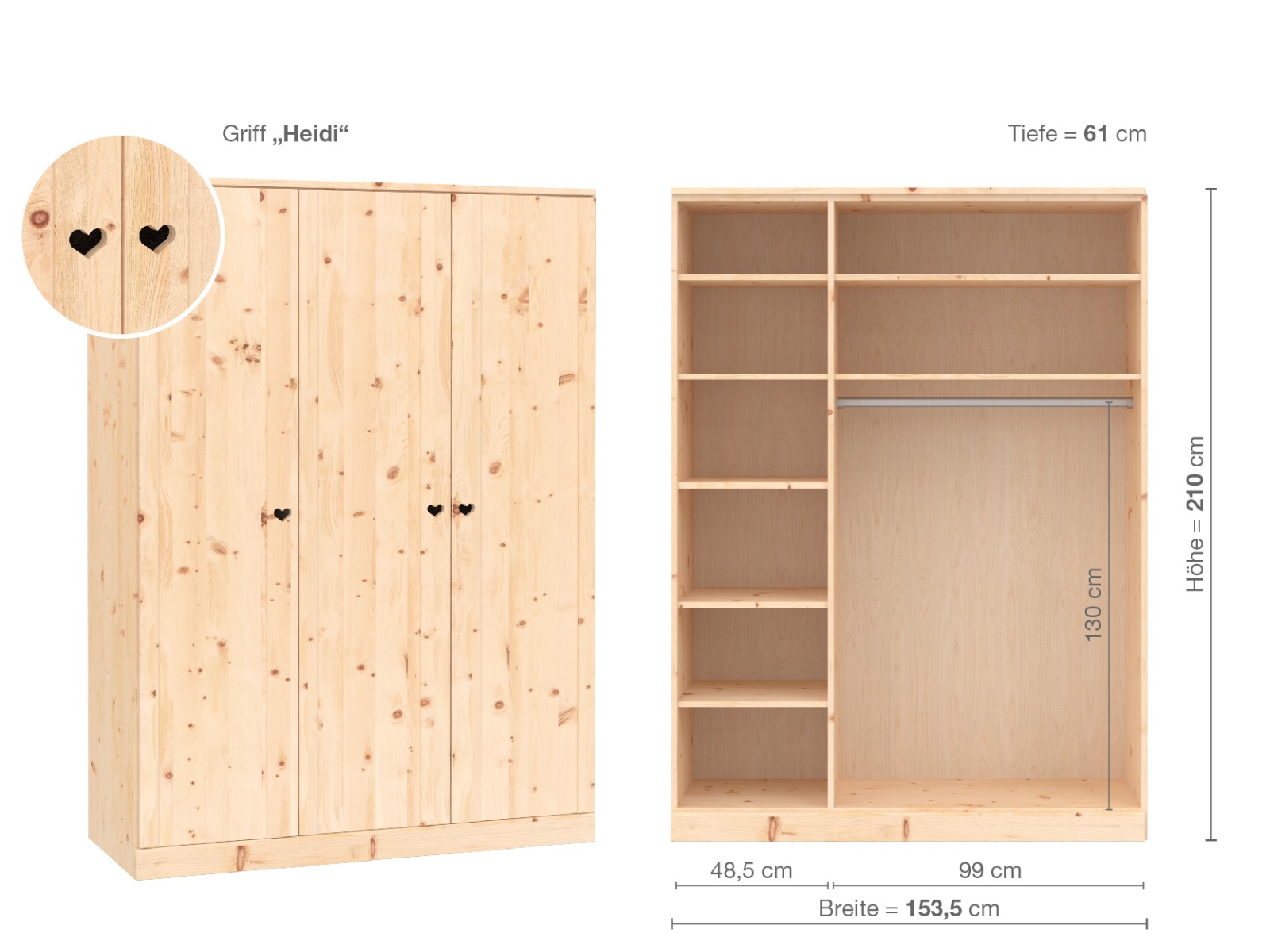 Zirbenschrank „Arnika“, 3-türig, Höhe 210 cm, Griffausführung „Heidi“, Inneneinrichtung B