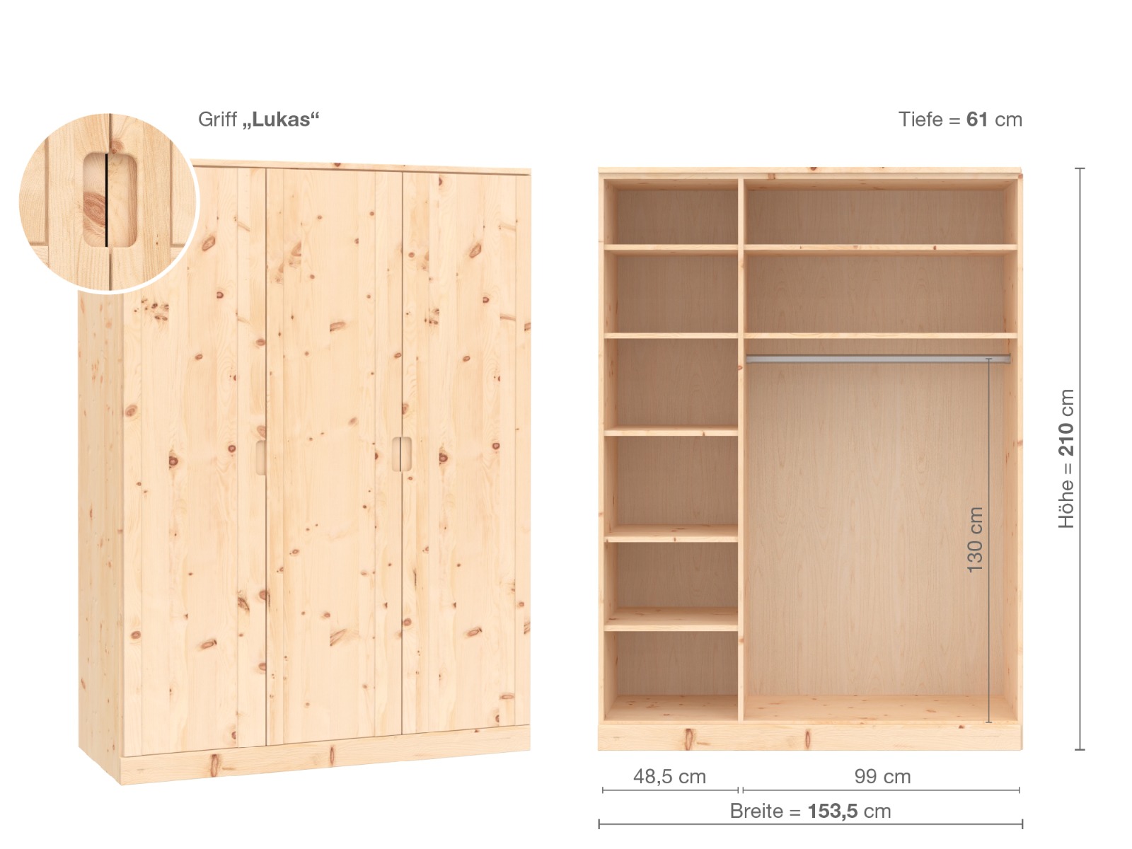 Zirbenschrank „Arnika“, 3-türig, Höhe 210 cm, Griffausführung „Lukas“, Inneneinrichtung B