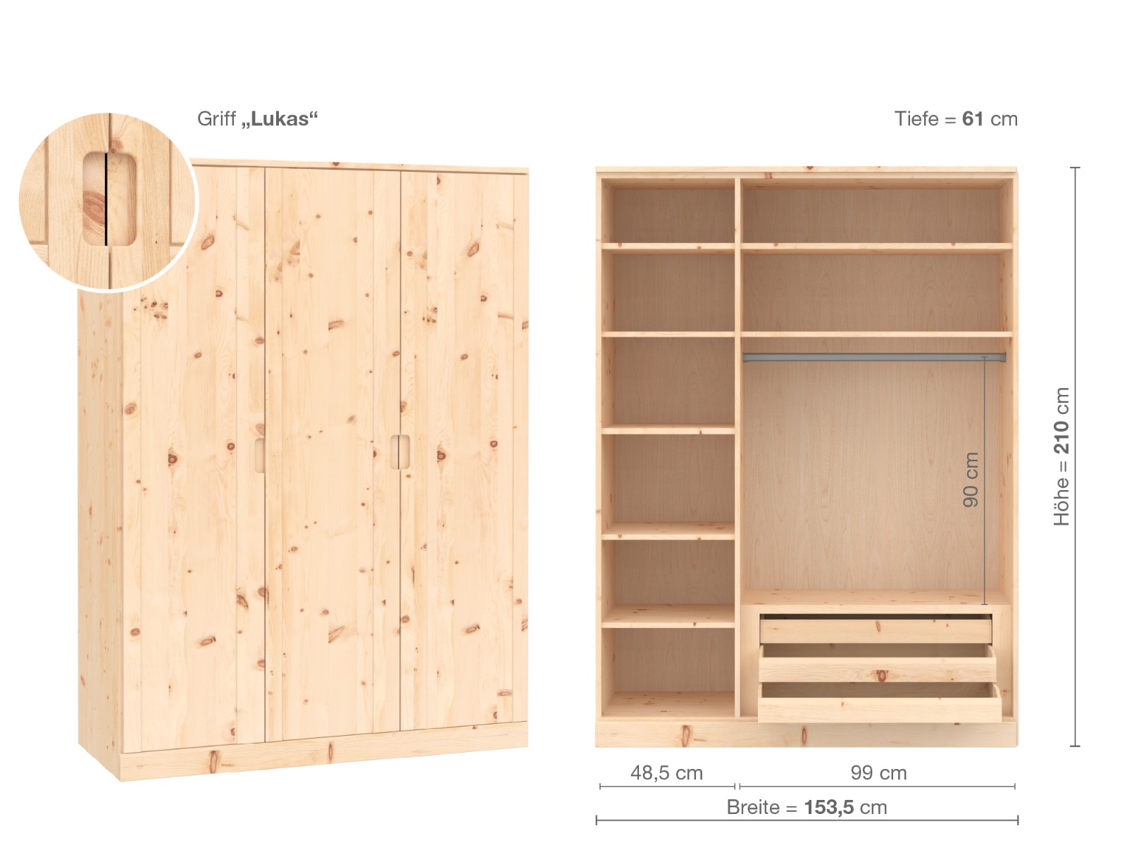 Zirbenschrank „Arnika“, 3-türig, Höhe 210 cm, Griffausführung „Lukas“, Inneneinrichtung C