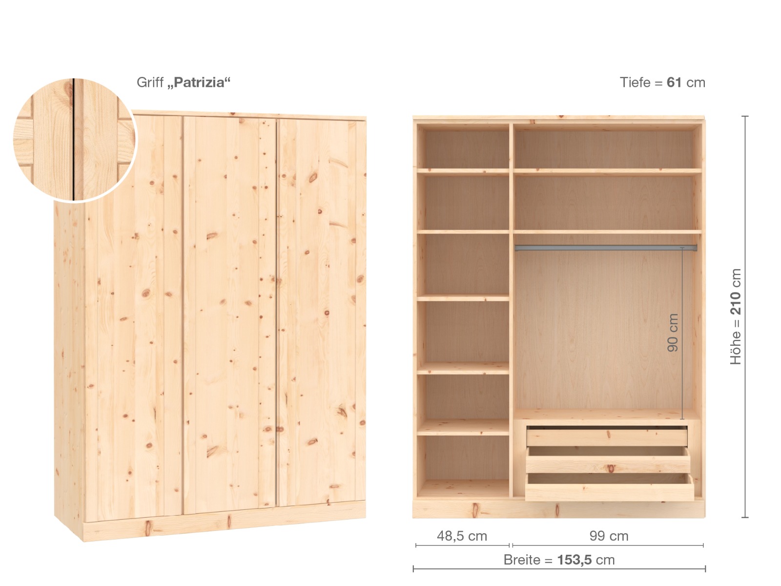 Zirbenschrank „Arnika“, 3-türig, Höhe 210 cm, Griffausführung „Patrizia“, Inneneinrichtung C