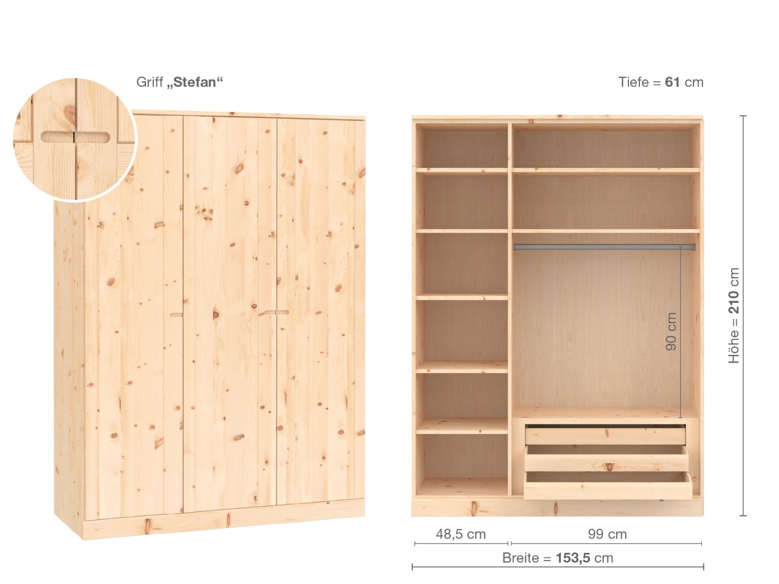 Zirbenschrank „Arnika“, 3-türig, Höhe 210 cm, Griffausführung „Stefan“, Inneneinrichtung C