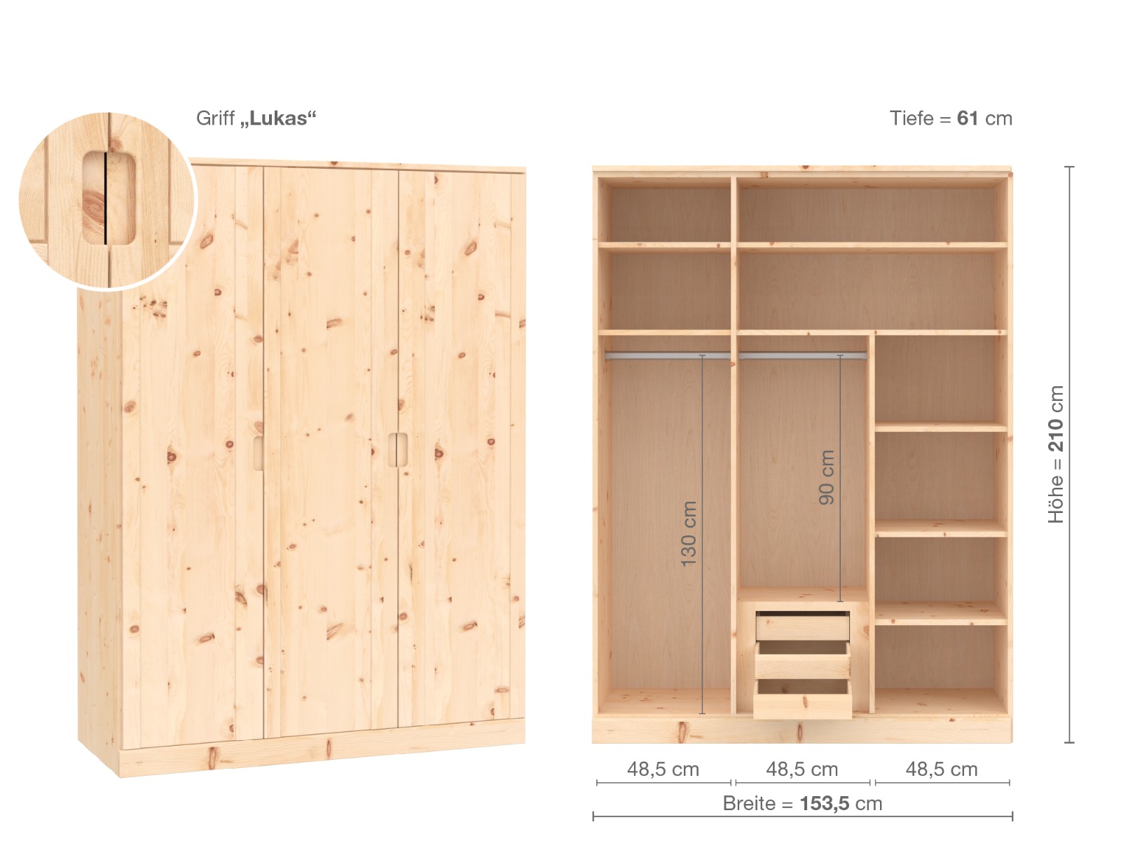 Zirbenschrank „Arnika“, 3-türig, Höhe 210 cm, Griffausführung „Lukas“, Inneneinrichtung D