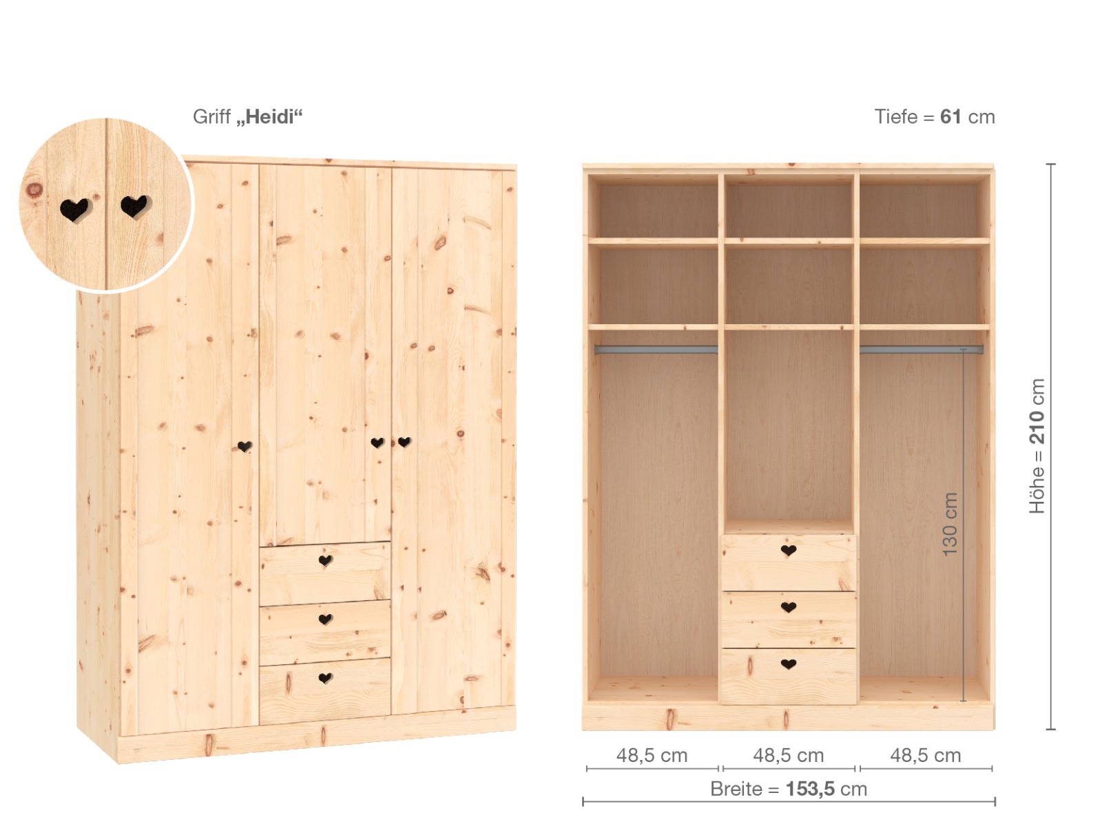 Zirbenschrank „Arnika“, 3-türig, Höhe 210 cm, Griffausführung „Heidi“, Inneneinrichtung E