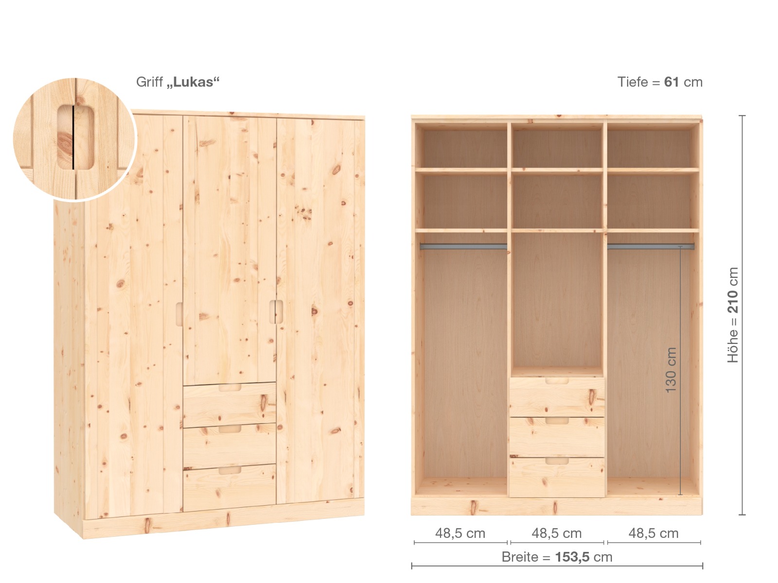 Zirbenschrank „Arnika“, 3-türig, Höhe 210 cm, Griffausführung „Lukas“, Inneneinrichtung E