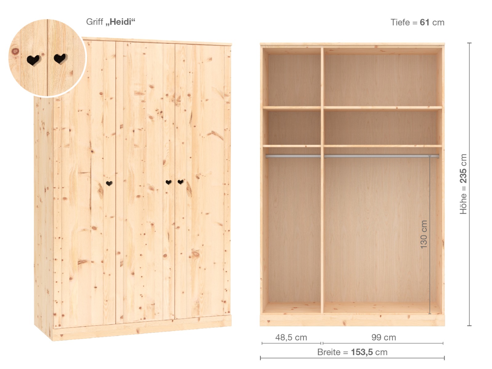 Zirbenschrank „Arnika“, 3-türig, Höhe 235 cm, Griffausführung „Heidi“, Inneneinrichtung A