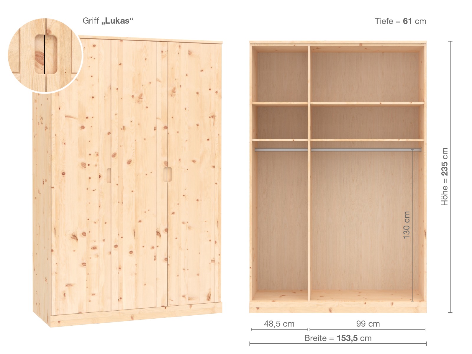 Zirbenschrank „Arnika“, 3-türig, Höhe 235 cm, Griffausführung „Lukas“, Inneneinrichtung A