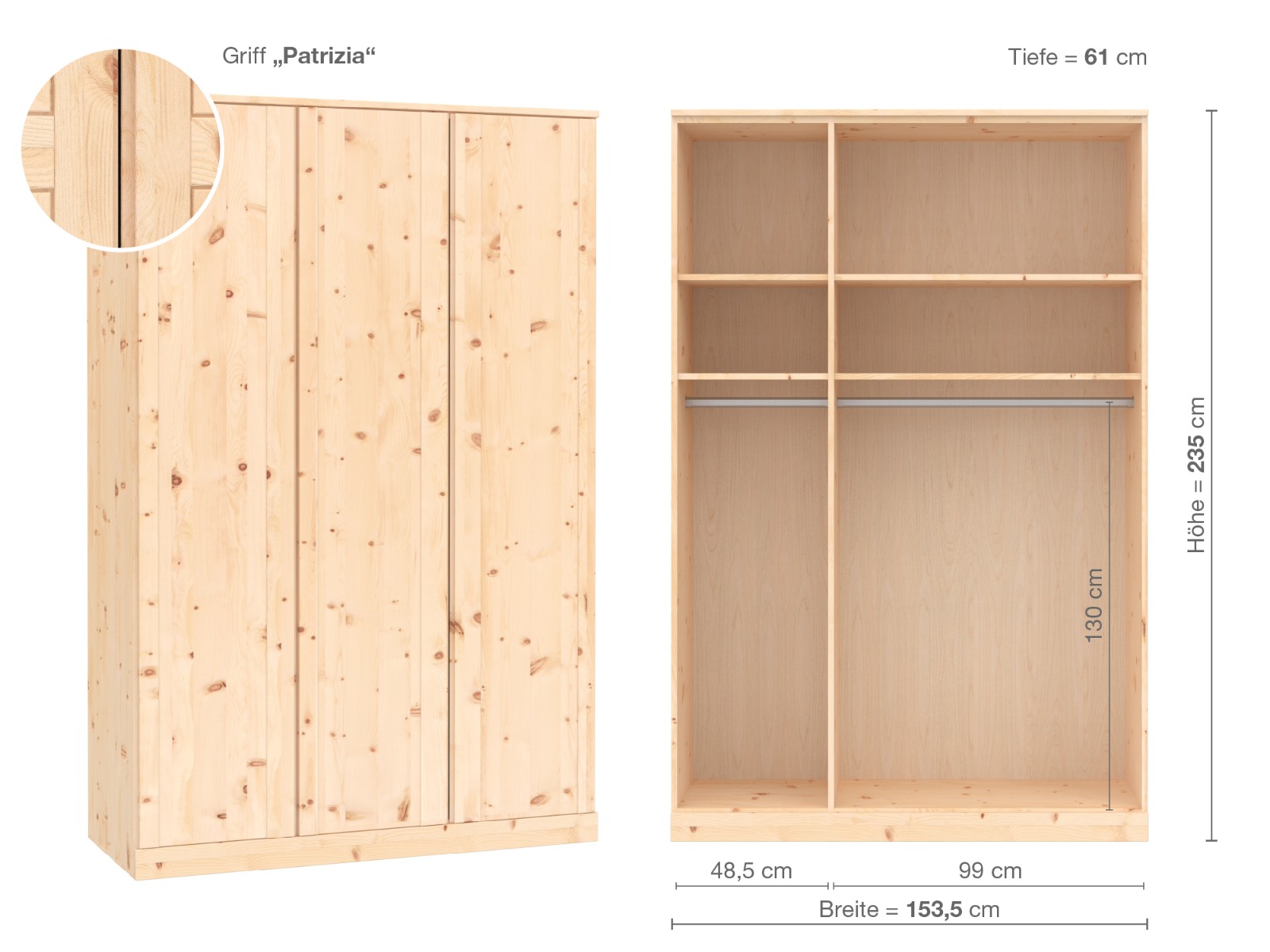 Zirbenschrank „Arnika“, 3-türig, Höhe 235 cm, Griffausführung „Patrizia“, Inneneinrichtung A