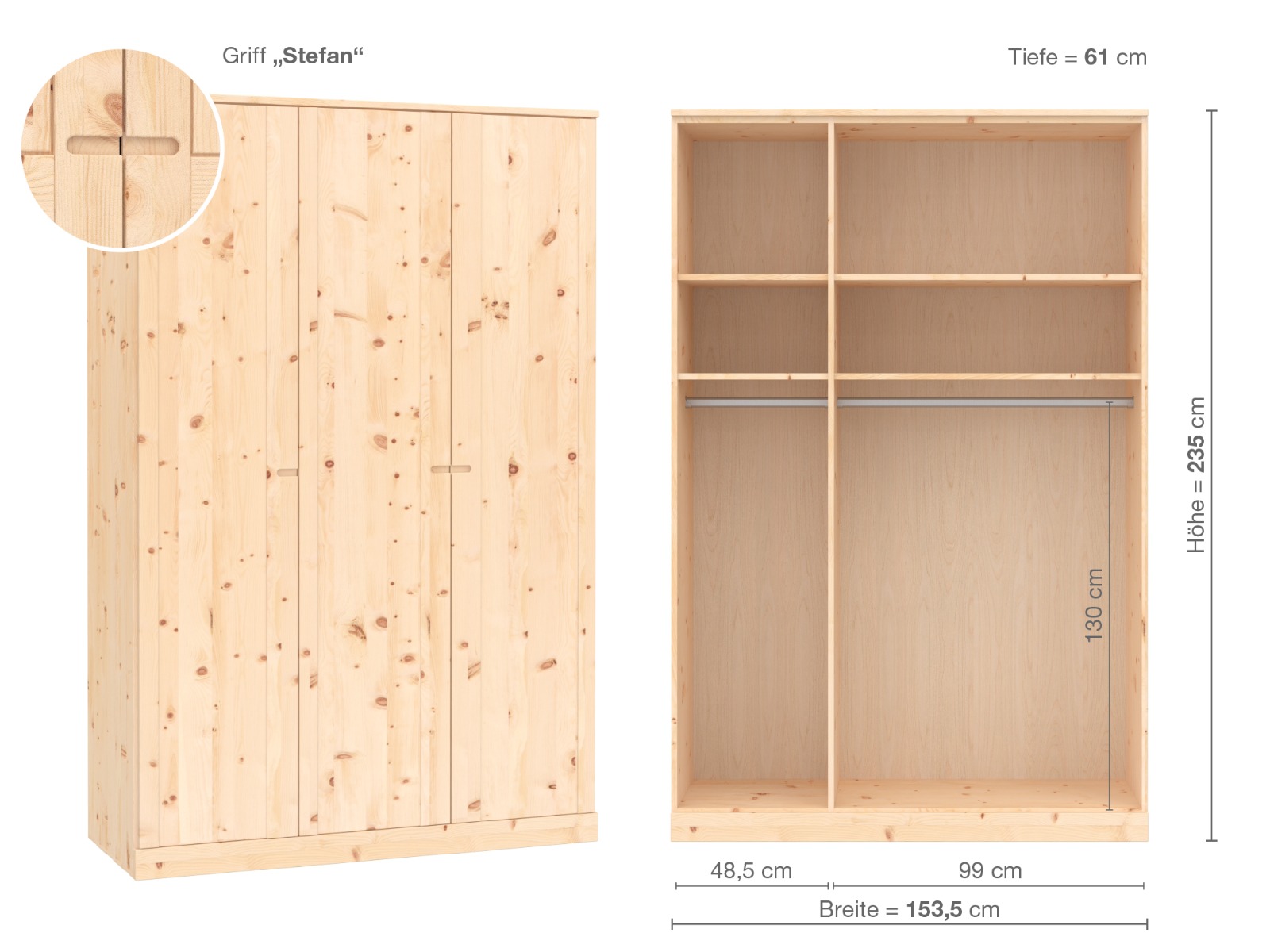 Zirbenschrank „Arnika“, 3-türig, Höhe 235 cm, Griffausführung „Stefan“, Inneneinrichtung A