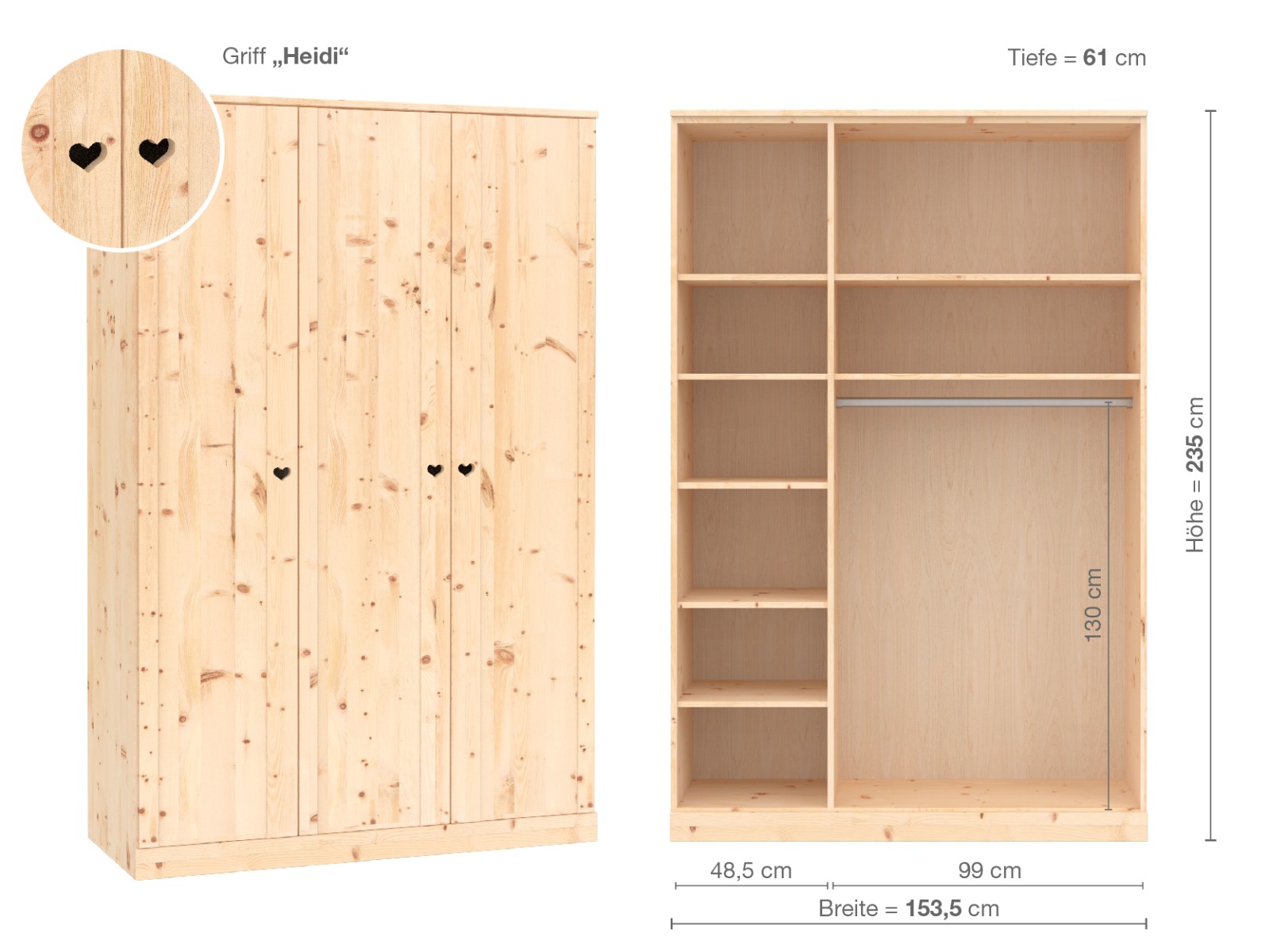 Zirbenschrank „Arnika“, 3-türig, Höhe 235 cm, Griffausführung „Heidi“, Inneneinrichtung B