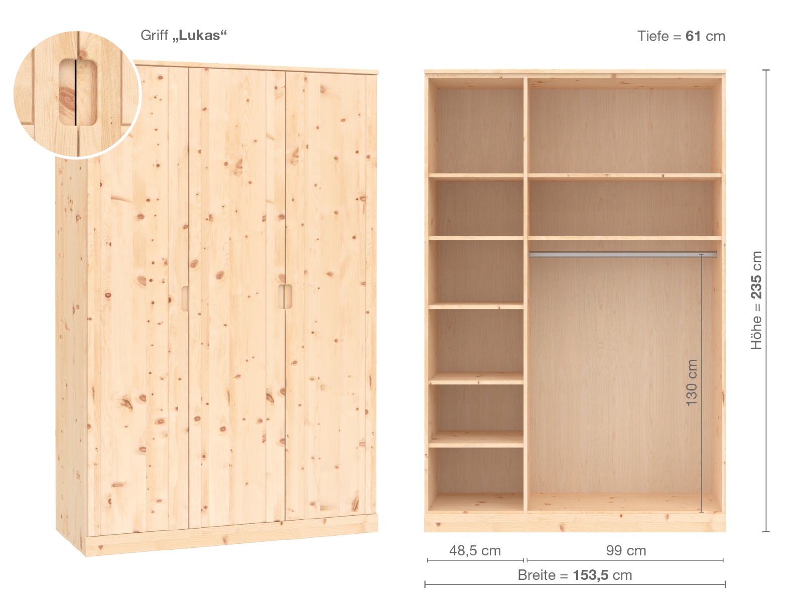 Zirbenschrank „Arnika“, 3-türig, Höhe 235 cm, Griffausführung „Lukas“, Inneneinrichtung B