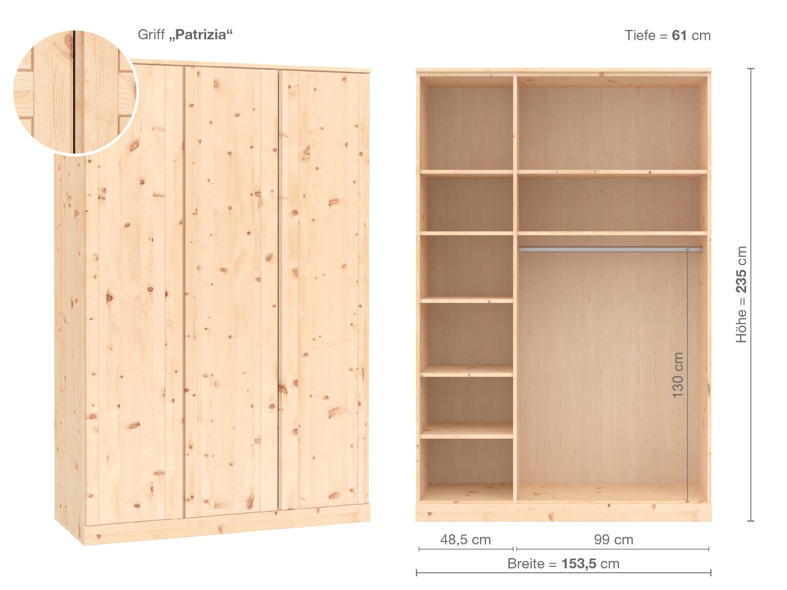 Zirbenschrank „Arnika“, 3-türig, Höhe 235 cm, Griffausführung „Patrizia“, Inneneinrichtung B