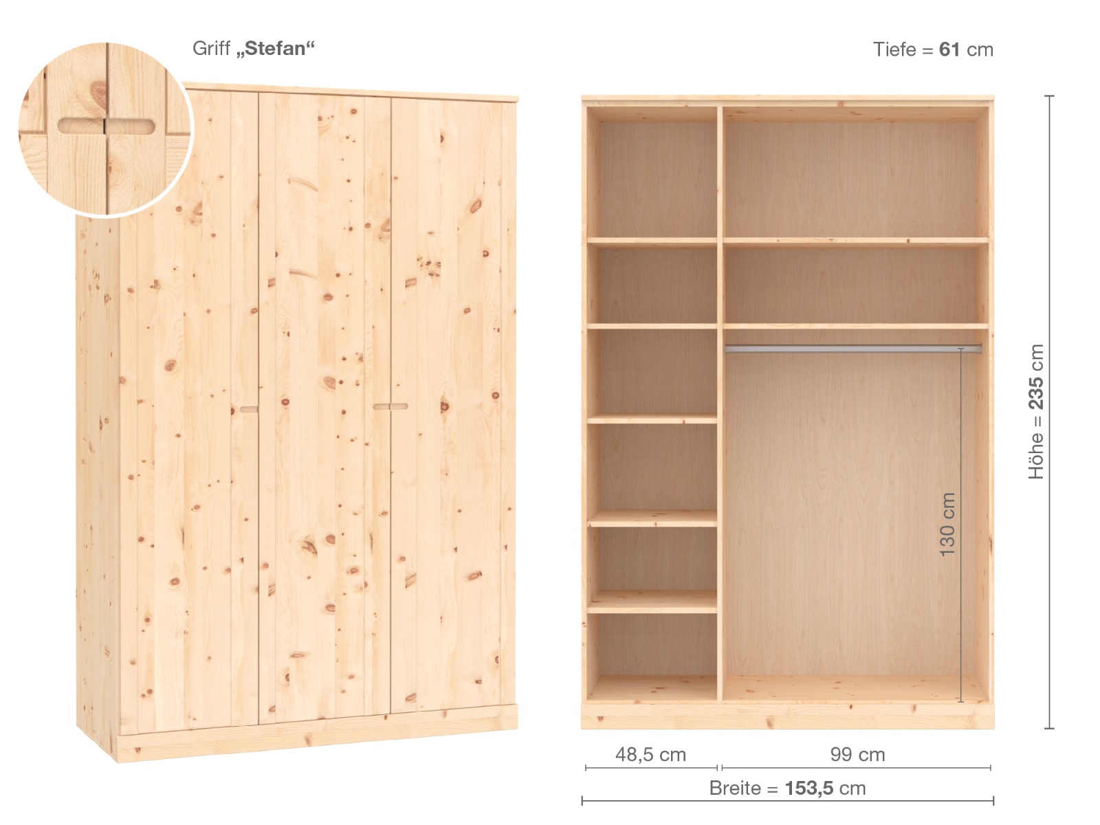 Zirbenschrank „Arnika“, 3-türig, Höhe 235 cm, Griffausführung „Stefan“, Inneneinrichtung B