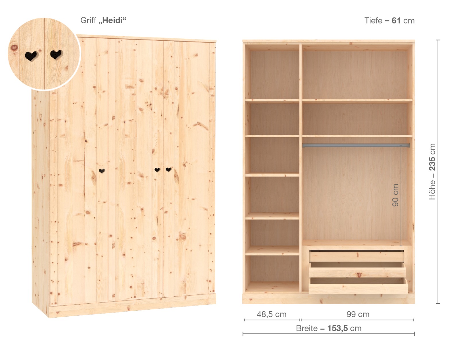 Zirbenschrank „Arnika“, 3-türig, Höhe 235 cm, Griffausführung „Heidi“, Inneneinrichtung C