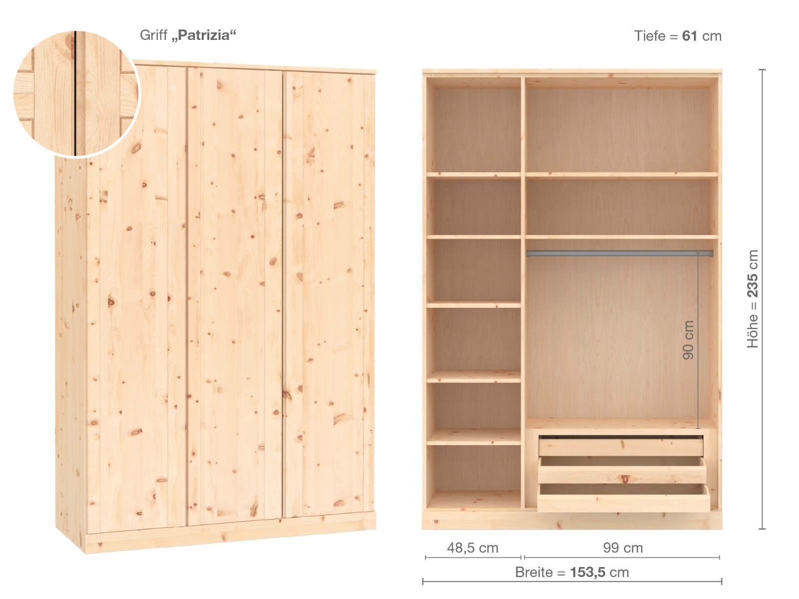 Zirbenschrank „Arnika“, 3-türig, Höhe 235 cm, Griffausführung „Patrizia“, Inneneinrichtung C