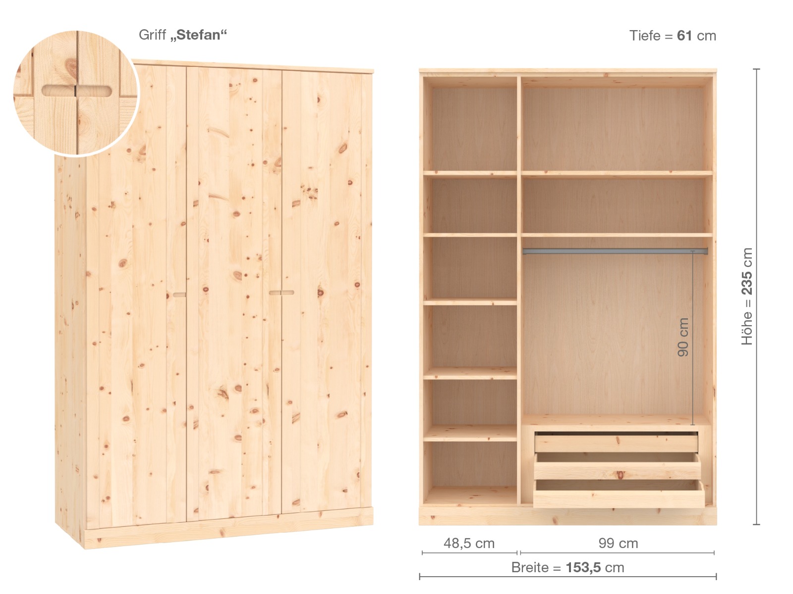 Zirbenschrank „Arnika“, 3-türig, Höhe 235 cm, Griffausführung „Stefan“, Innenausrichtung C