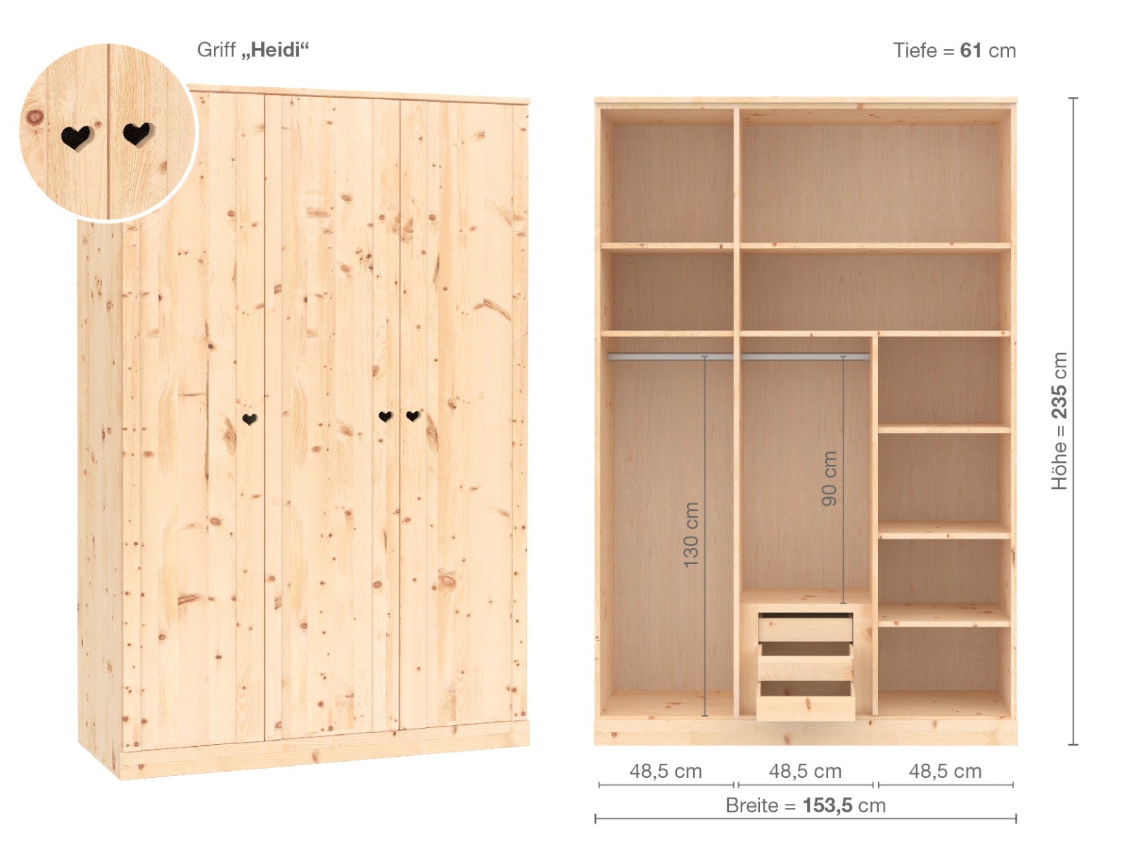 Zirbenschrank „Arnika“, 3-türig, Höhe 235 cm, Griffausführung „Heidi“, Inneneinrichtung D