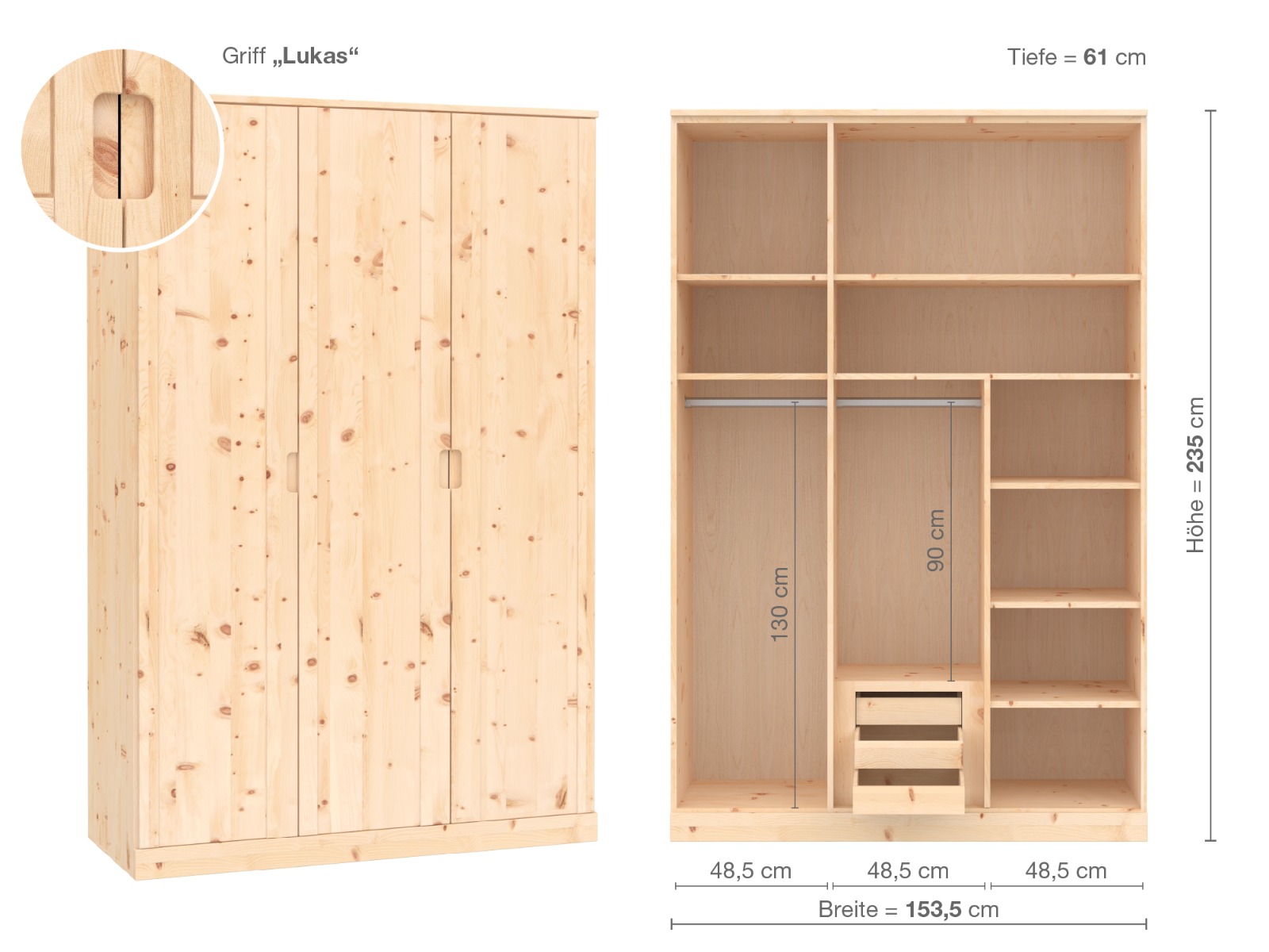 Zirbenschrank „Arnika“, 3-türig, Höhe 235 cm, Griffausführung „Lukas“, Inneneinrichtung D