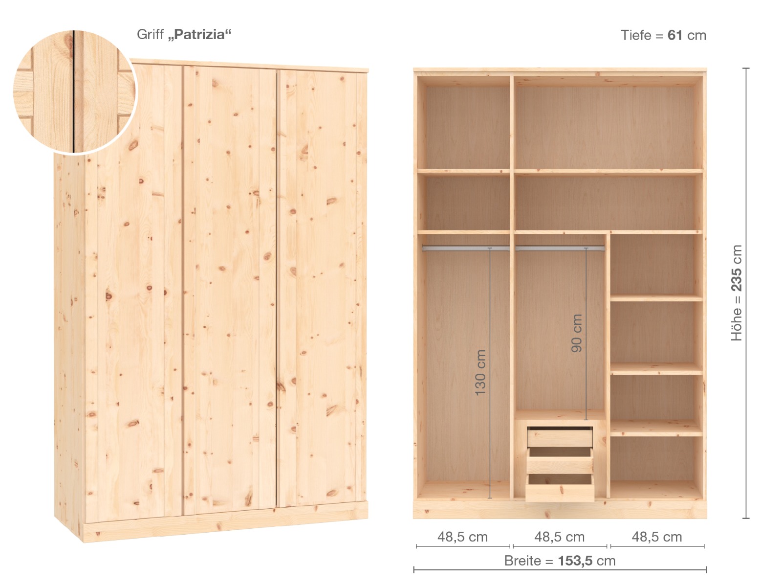 Zirbenschrank „Arnika“, 3-türig, 235 cm, Griffausführung „Patrizia“, Inneneinrichtung D