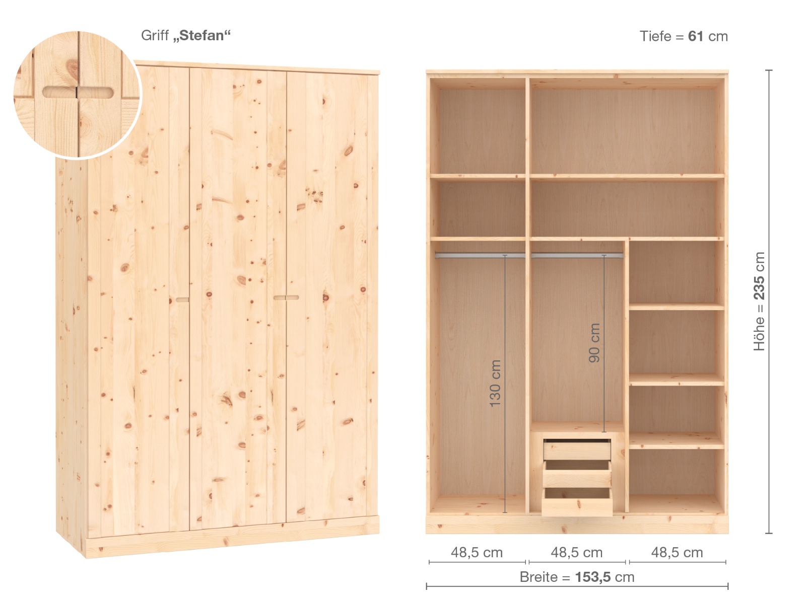 Zirbenschrank „Arnika“, 3-türig, Höhe 235 cm, Griffausführung „Stefan“, Inneneinrichtung D