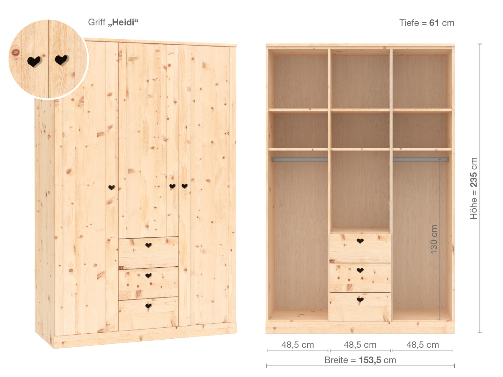 Zirbenschrank „Arnika“, 3-türig, Höhe 235 cm, Griffausführung „Heidi“, Inneneinrichtung E