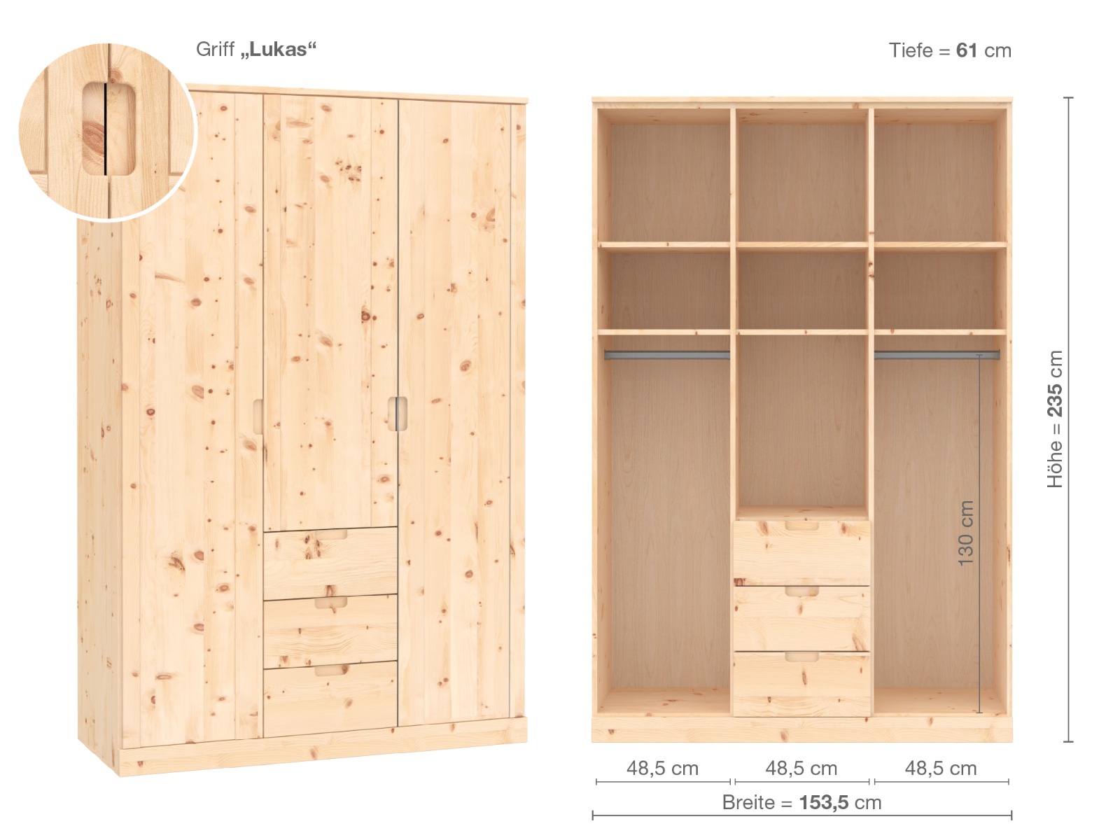 Zirbenschrank „Arnika“, 3-türig, Höhe 235 cm, Griffausführung „Lukas“, Inneneinrichtung E