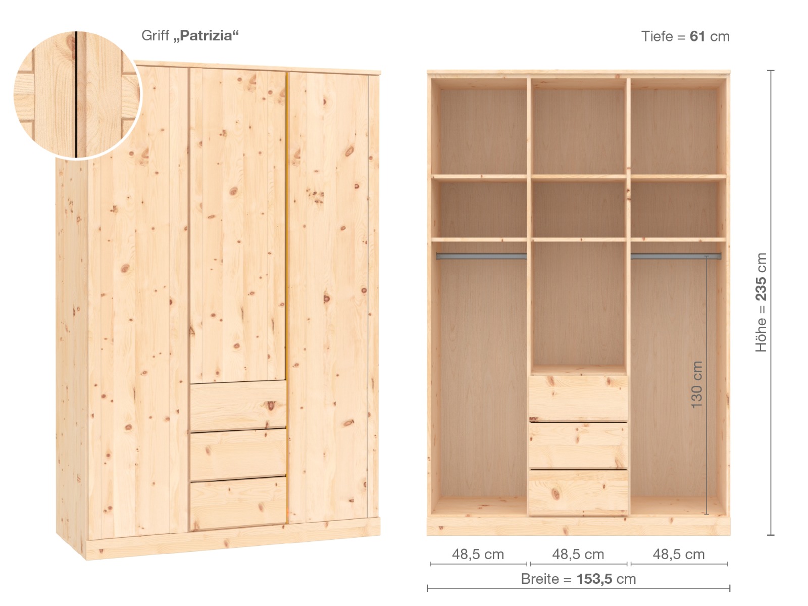 Zirbenschrank „Arnika“, 3-türig, Höhe 235 cm, Griffausführung „Patrizia“, Inneneinrichtung E