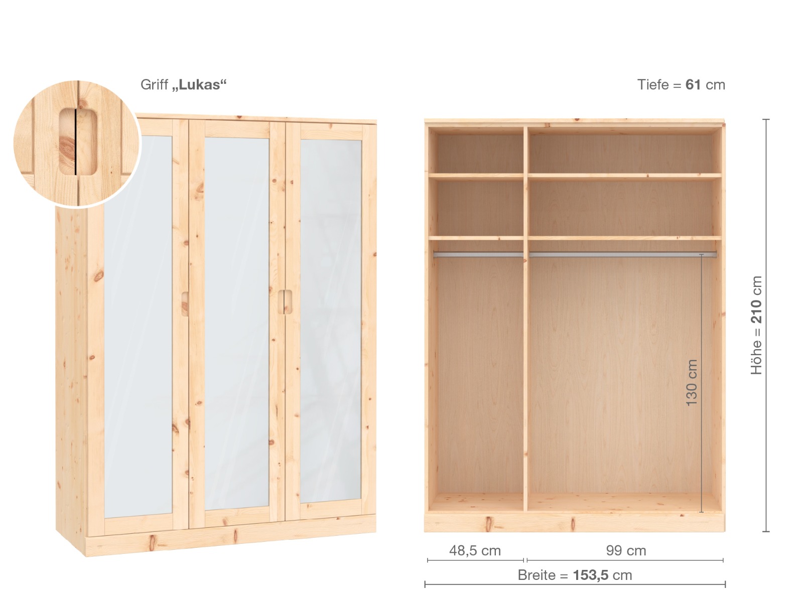 Zirbenschrank „Alpenrose“, 3-türig, Höhe 210 cm, Griffausführung „Lukas“, Inneneinrichtung A