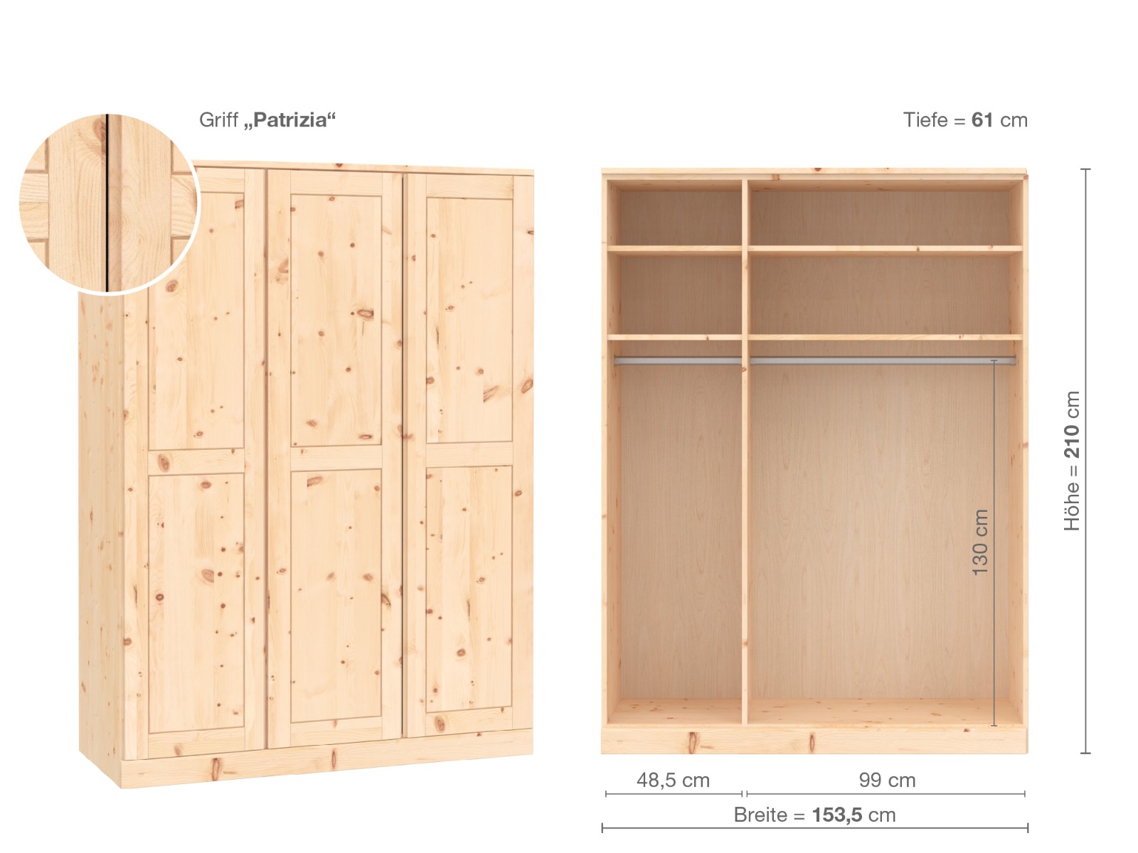 Zirbenschrank „Edelweiß“, 3-türig, Höhe 210 cm, Griffausführung „Patrizia“, Inneneinrichtung A