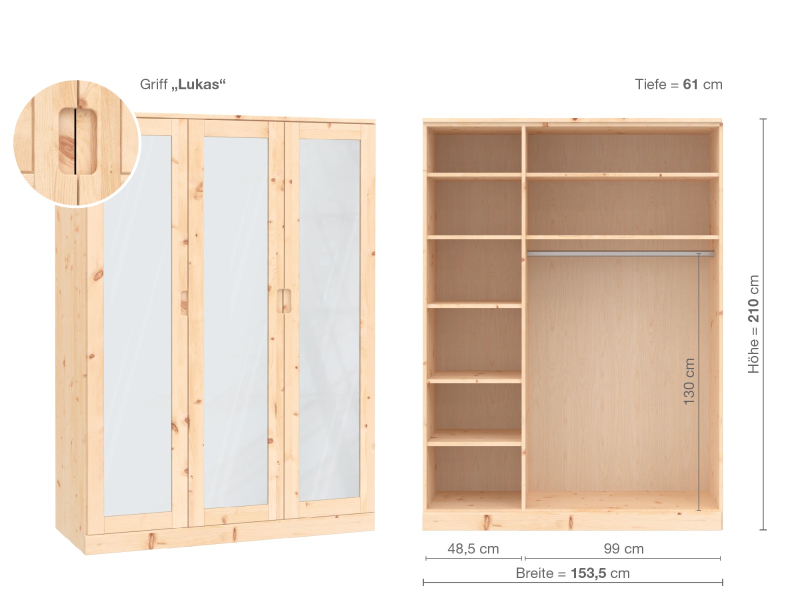 Zirbenschrank „Alpenrose“, 3-türig, Höhe 210 cm, Griffausführung „Lukas“, Inneneinrichtung B