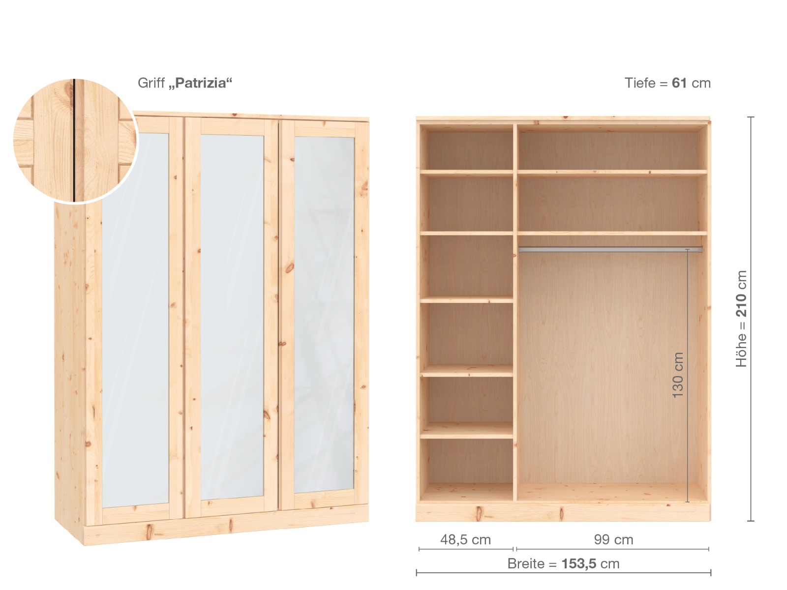 Zirbenschrank „Alpenrose“, 3-türig, Höhe 210 cm, Griffausführung „Patrizia“, Inneneinrichtung B