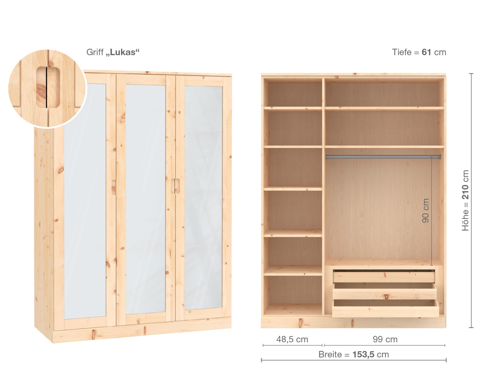 Zirbenschrank „Alpenrose“, 3-türig, Höhe 210 cm, Griffausführung „Lukas“, Inneneinrichtung C