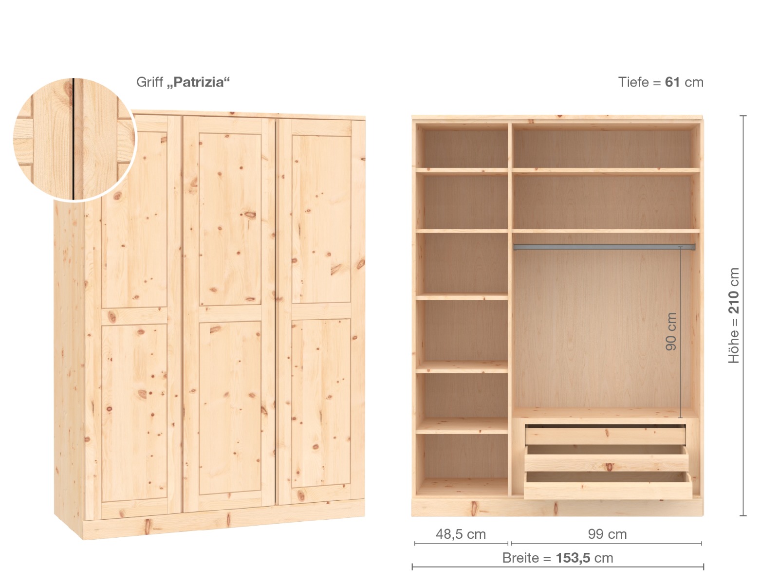 Zirbenschrank „Edelweiß“, 3-türig, Höhe 210 cm, Griffausführung „Patrizia“, Inneneinrichtung C