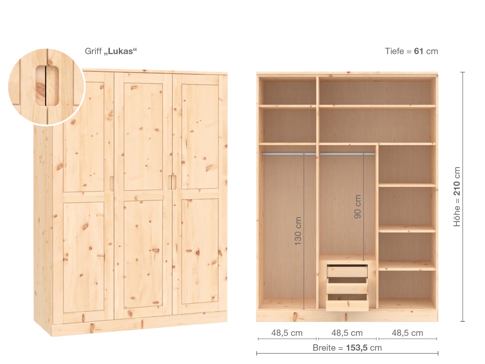 Zirbenschrank „Edelweiß“, 3-türig, Höhe 210 cm, Griffausführung „Lukas“, Inneneinrichtung D