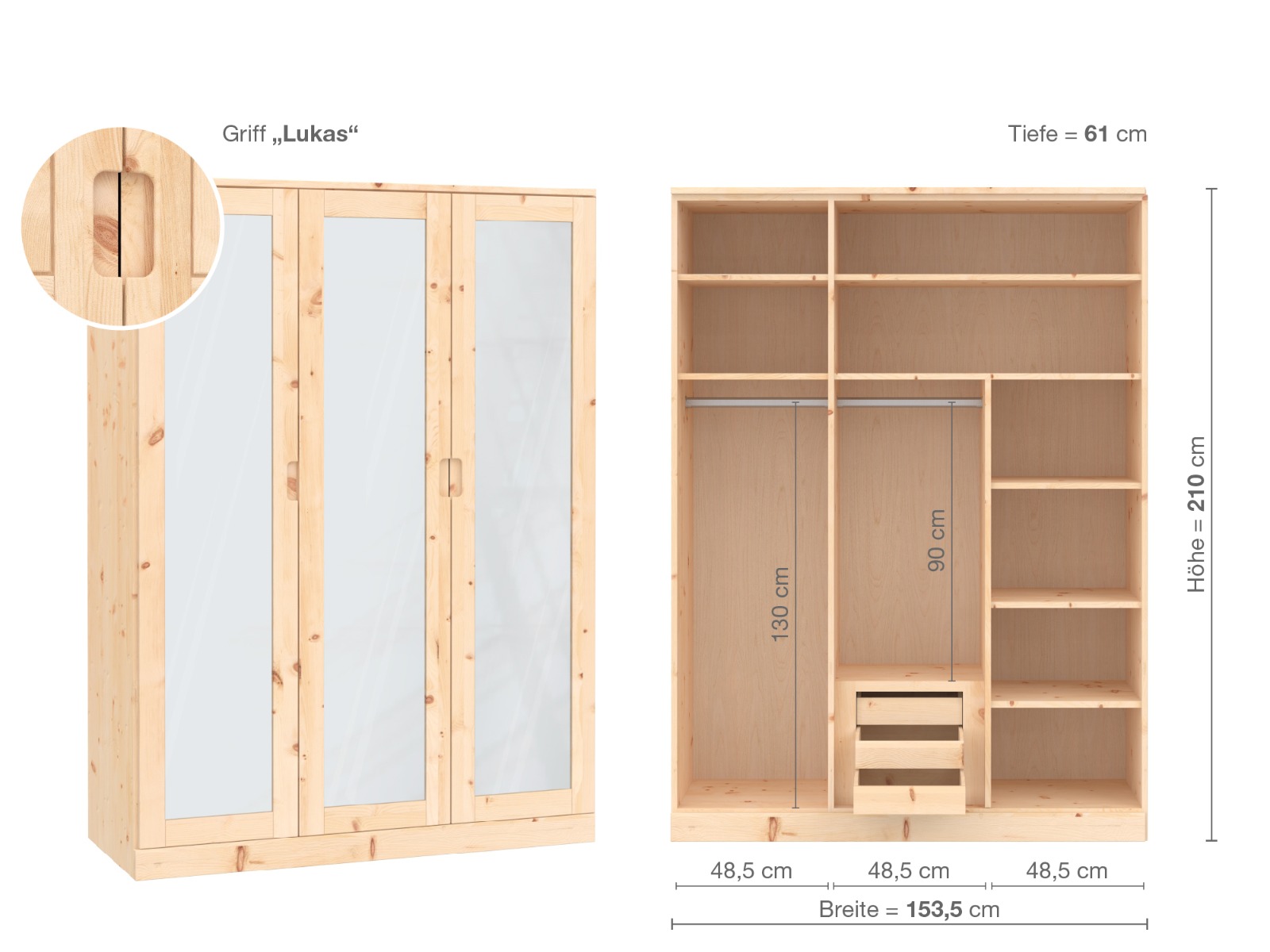 Zirbenschrank „Alpenrose“, 3-türig, Höhe 210 cm, Griffausführung „Lukas“, Inneneinrichtung D