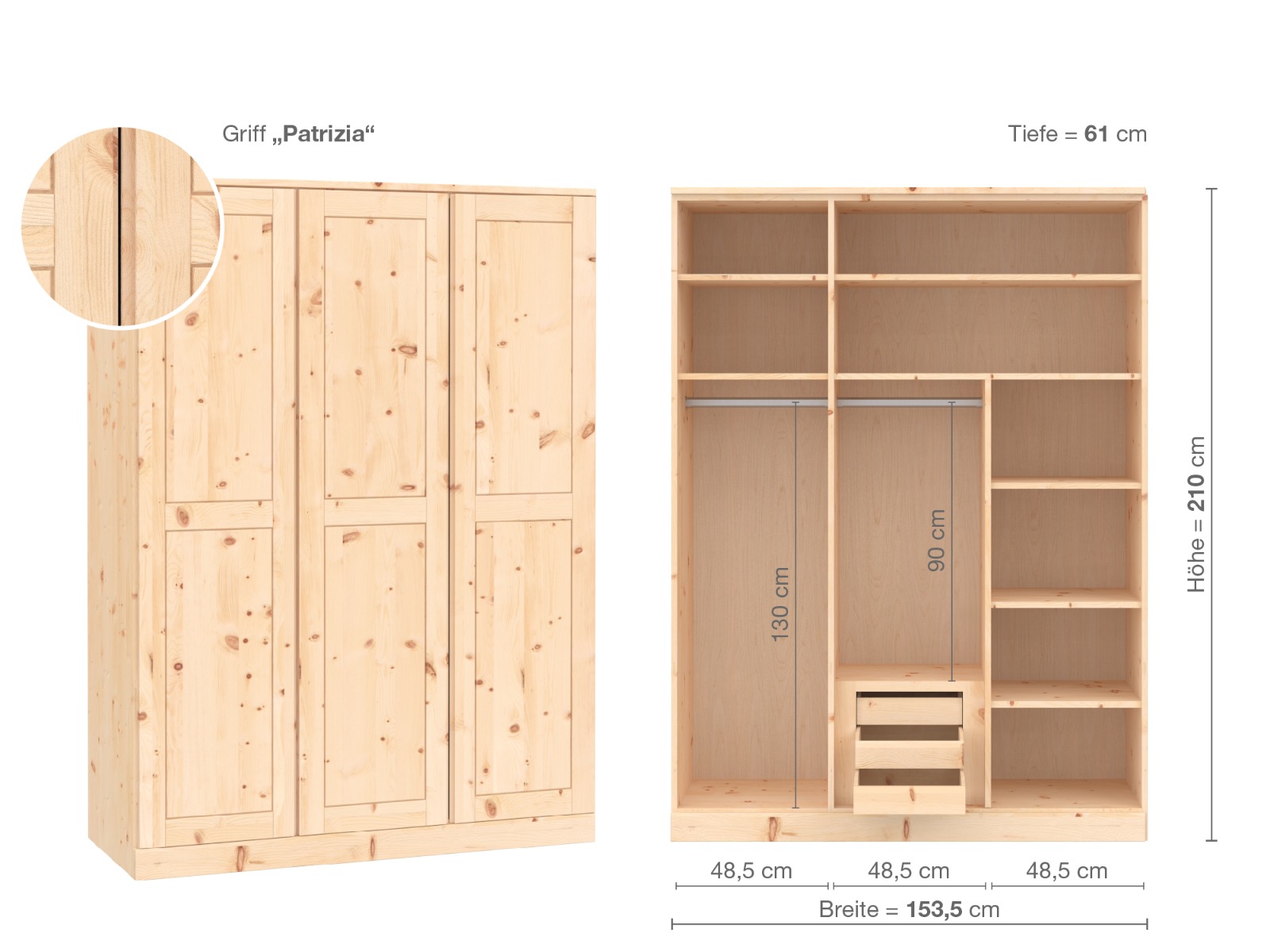 Zirbenschrank „Edelweiß“, 3-türig, Höhe 210 cm, Griffausführung „Patrizia“, Inneneinrichtung D