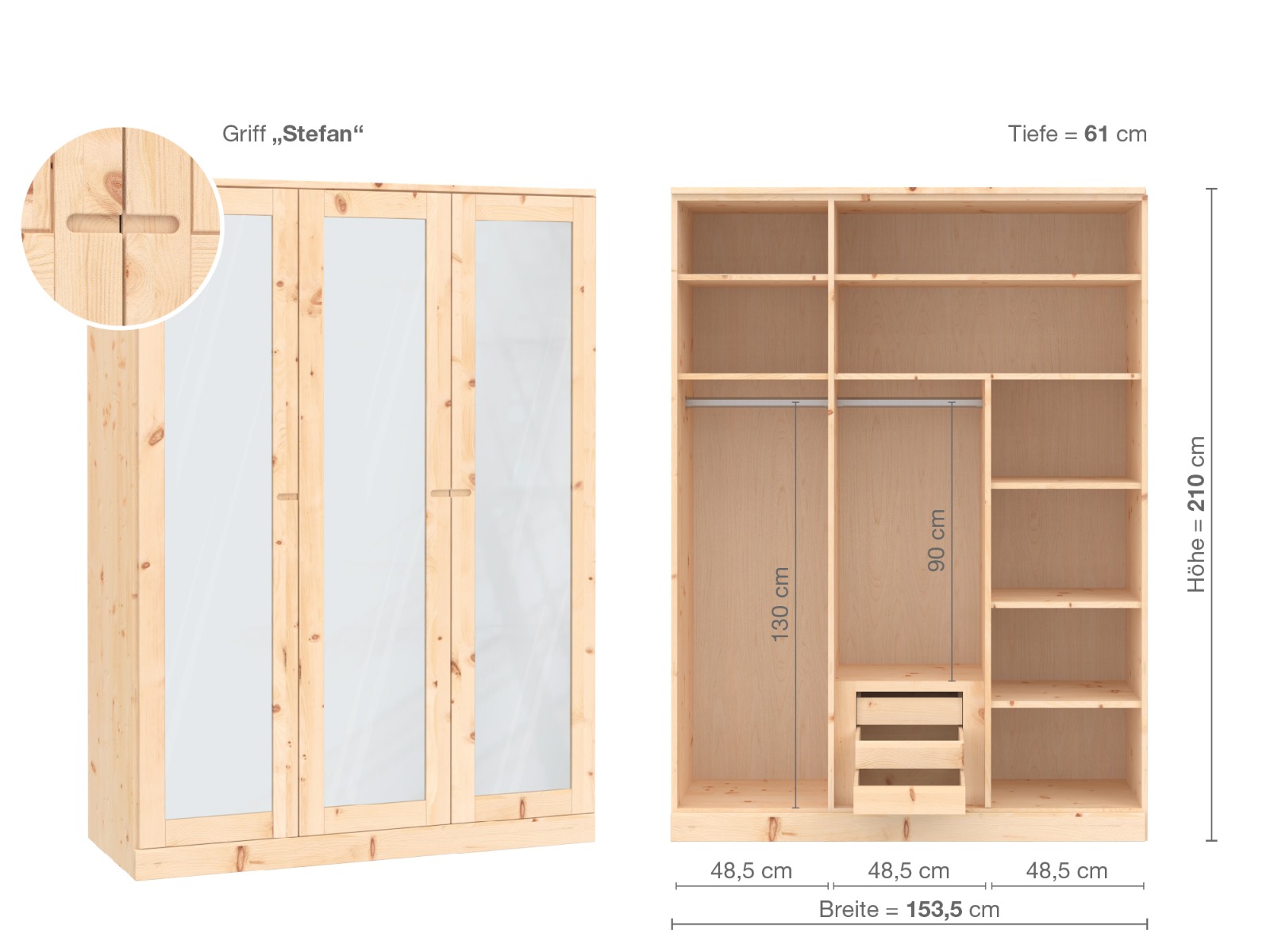 Zirbenschrank „Alpenrose“, 3-türig, Höhe 210 cm, Griffausführung „Stefan“, Inneneinrichtung D