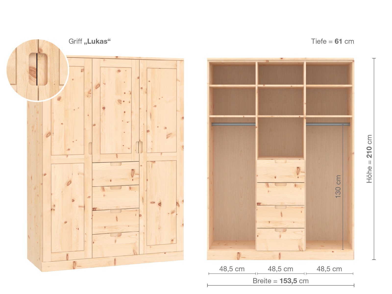 Zirbenschrank „Edelweiß“, 3-türig, Höhe 210 cm, Griffausführung „Lukas“, Inneneinrichtung E