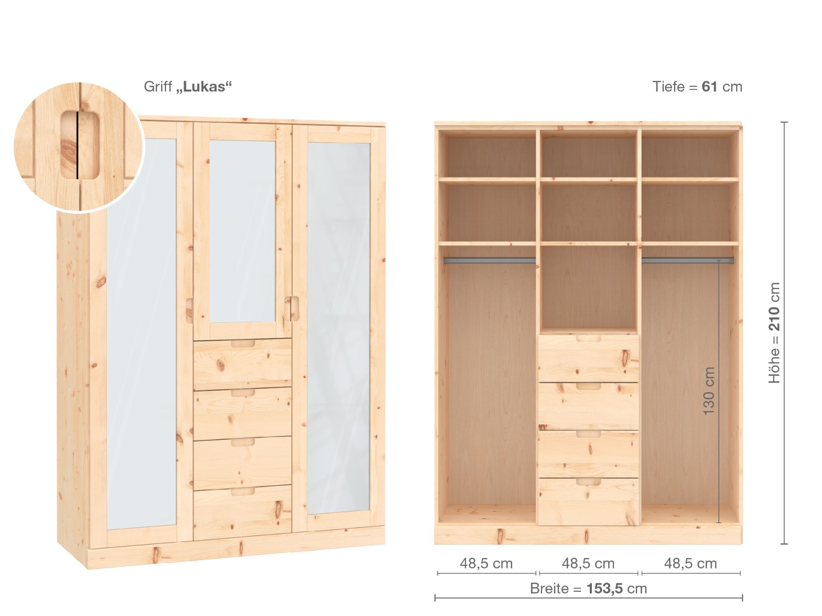 Zirbenschrank „Alpenrose“, 3-türig, Höhe 210 cm, Griffausführung „Lukas“, Inneneinrichtung E