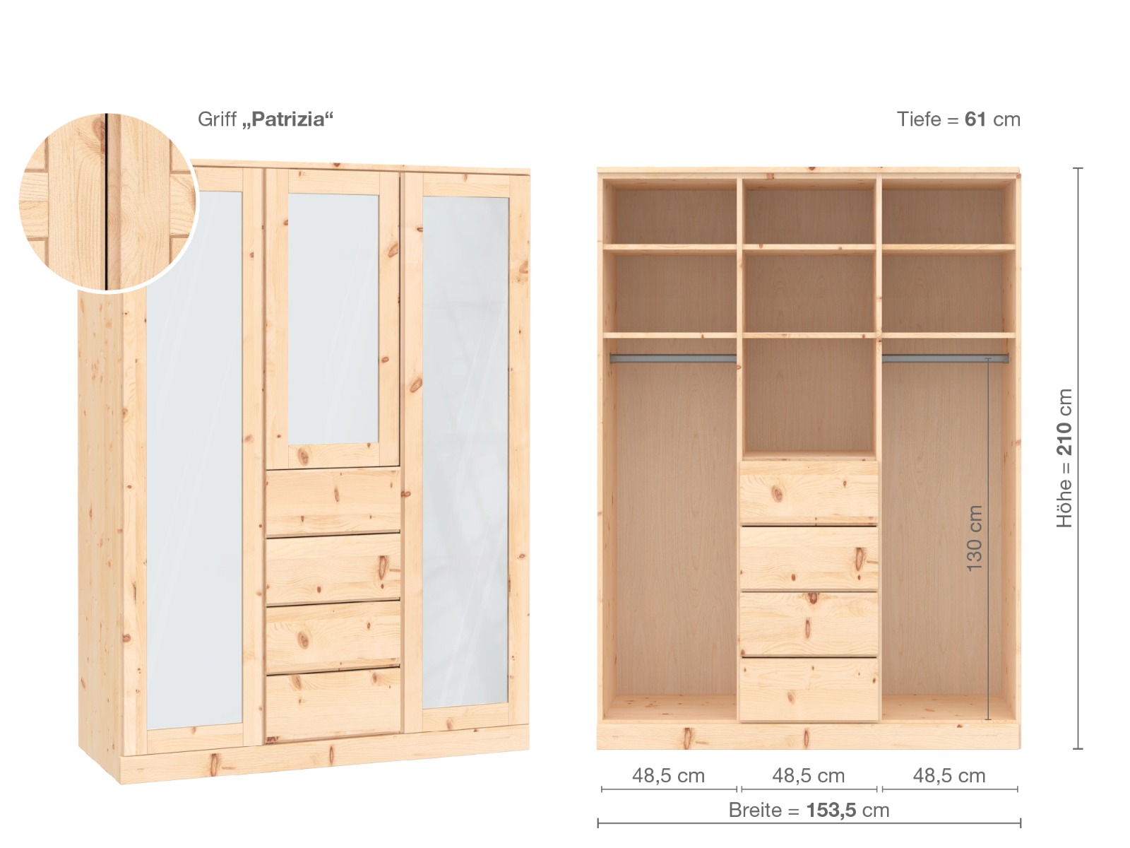 Zirbenschrank „Alpenrose“, 3-türig, Höhe 210 cm, Griffausführung „Patrizia“, Inneneinrichtung E