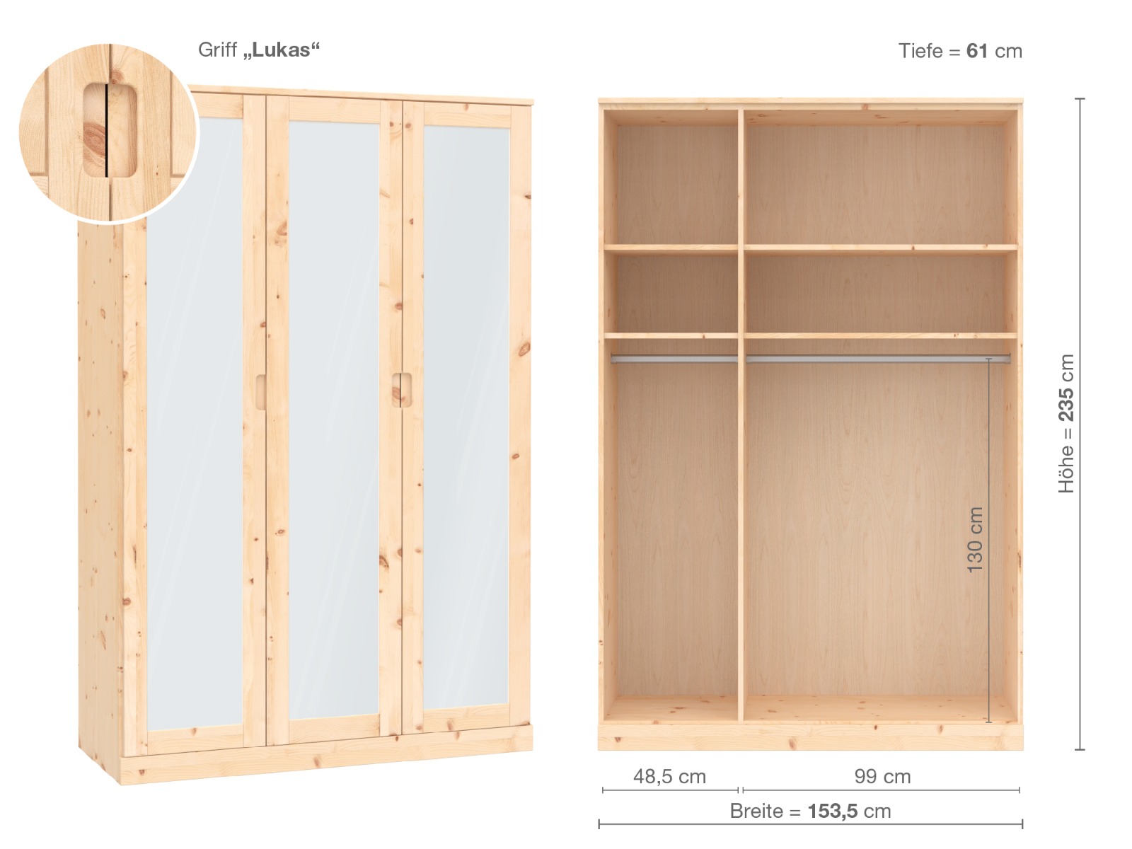 Zirbenschrank „Alpenrose“, 3-türig, Höhe 235 cm, Griffausführung „Lukas“, Inneneinrichtung A