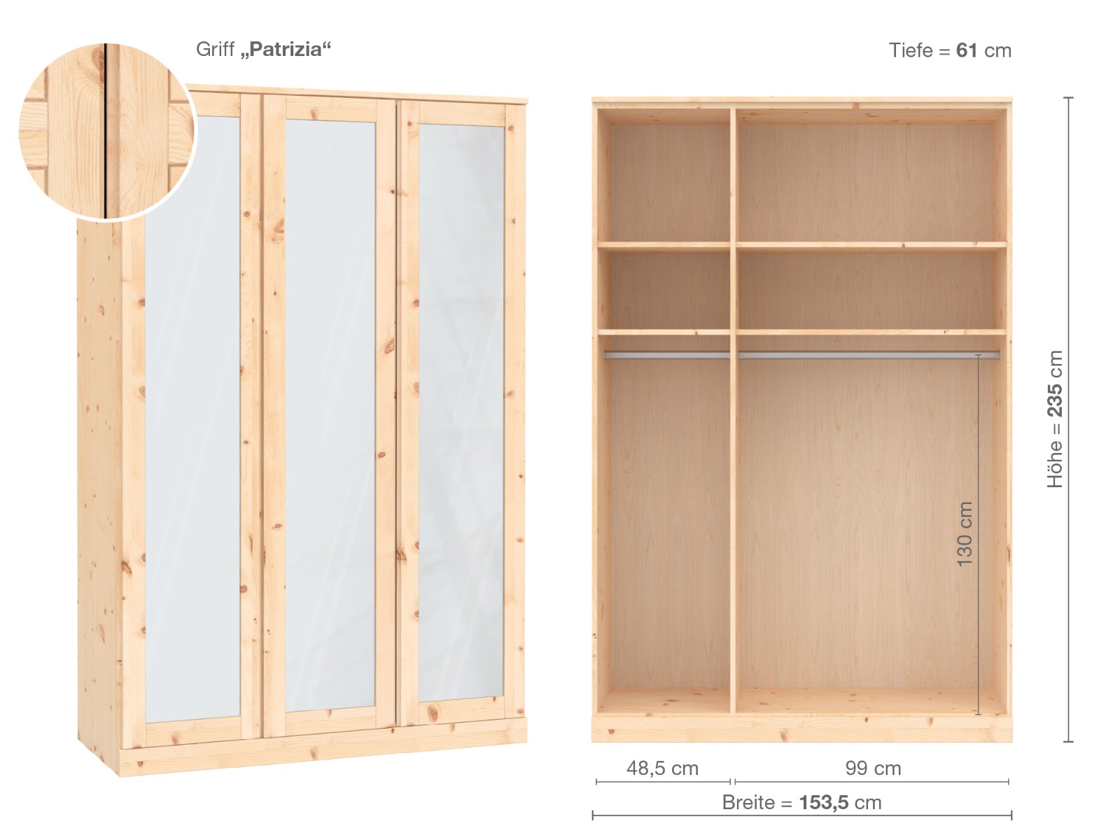 Zirbenschrank „Alpenrose“, 3-türig, Höhe 235 cm, Griffausführung „Patrizia“, Inneneinrichtung A