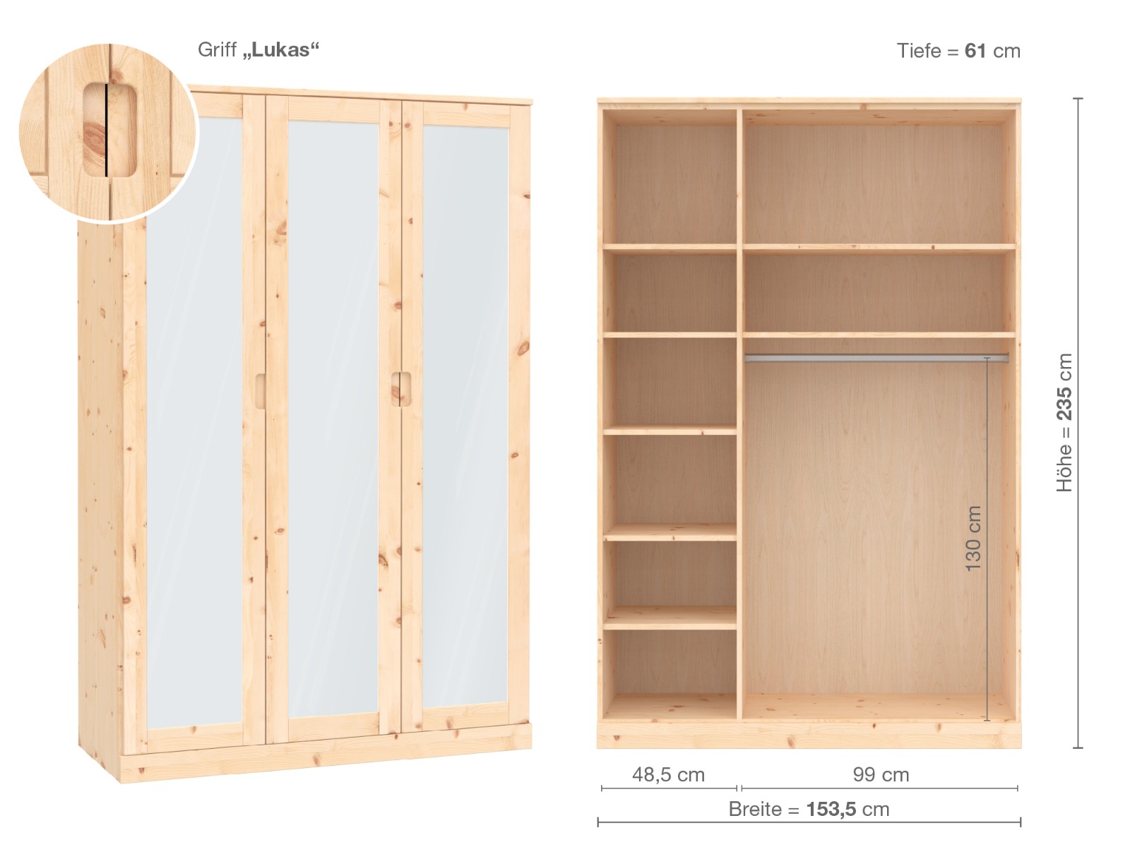 Zirbenschrank „Alpenrose“, 3-türig, Höhe 235 cm, Griffausführung „Lukas“, Inneneinrichtung B