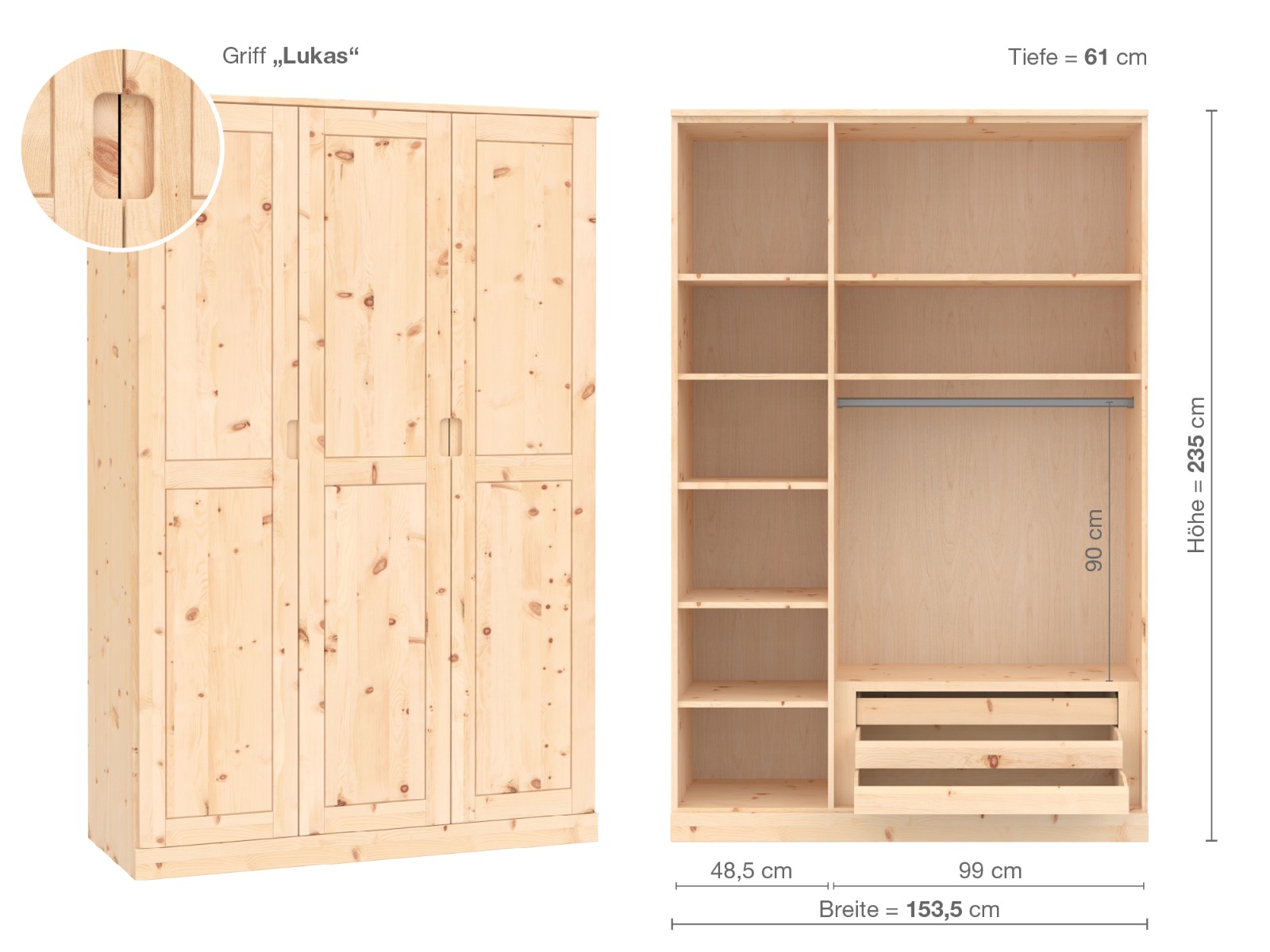 Zirbenschrank „Edelweiß“, 3-türig, Höhe 235 cm, Griffausführung „Lukas“, Inneneinrichtung C