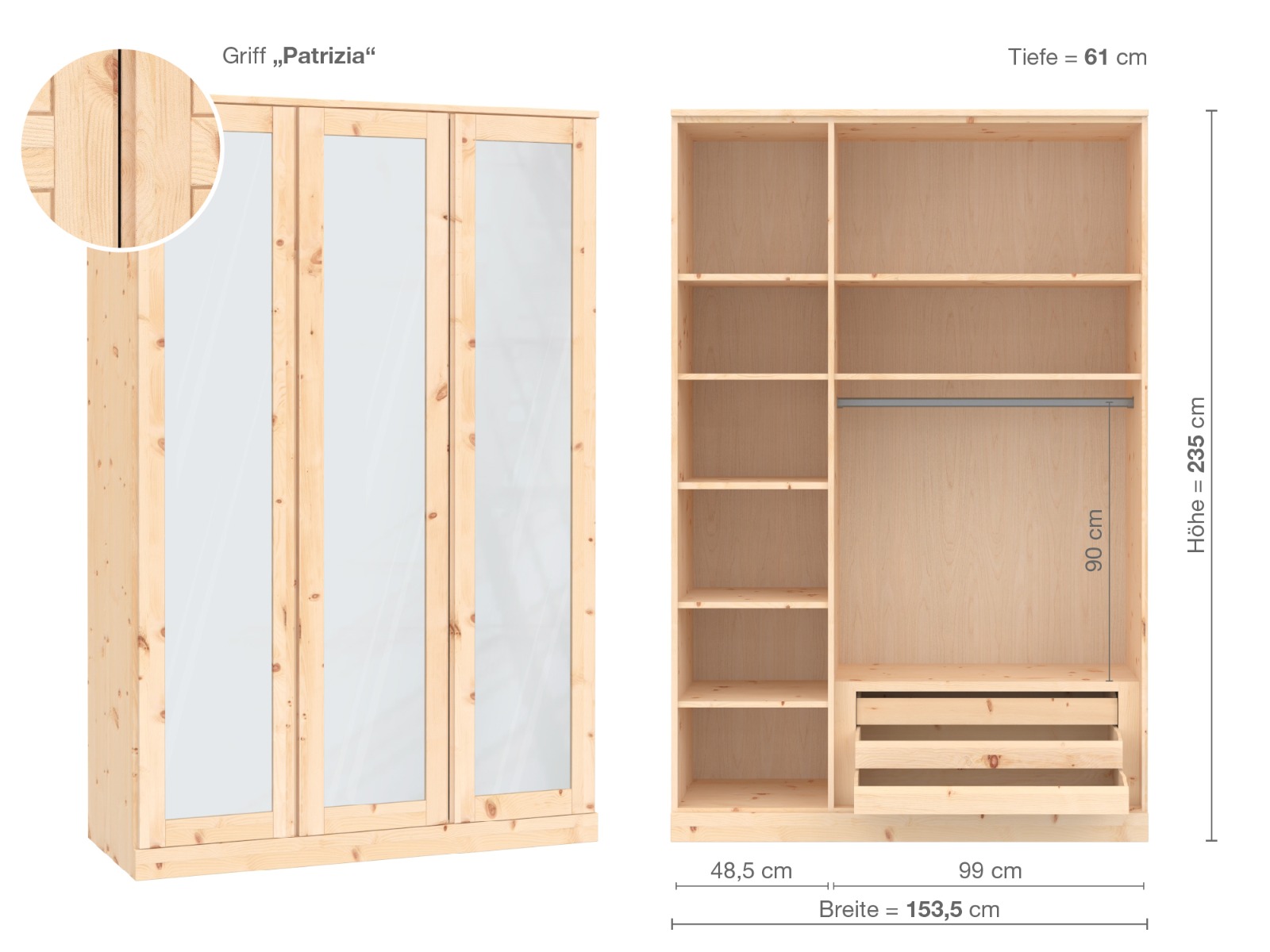 Zirbenschrank „Alpenrose“, 3-türig, Höhe 235 cm, Griffausführung „Patrizia“, Inneneinrichtung C